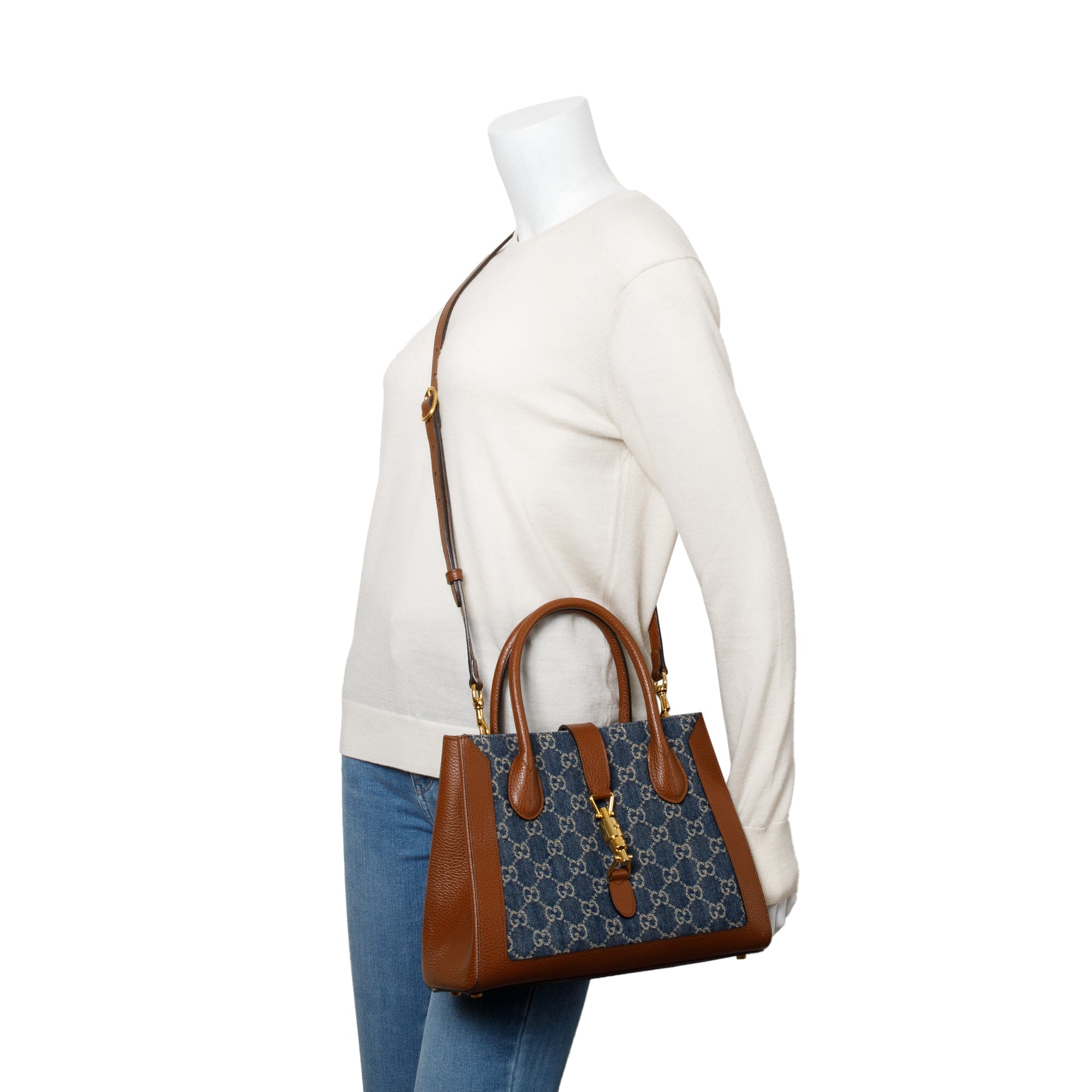 Gucci Blue GG Denim Medium Jackie 1961 Top Handle Tote Bag w/ Strap