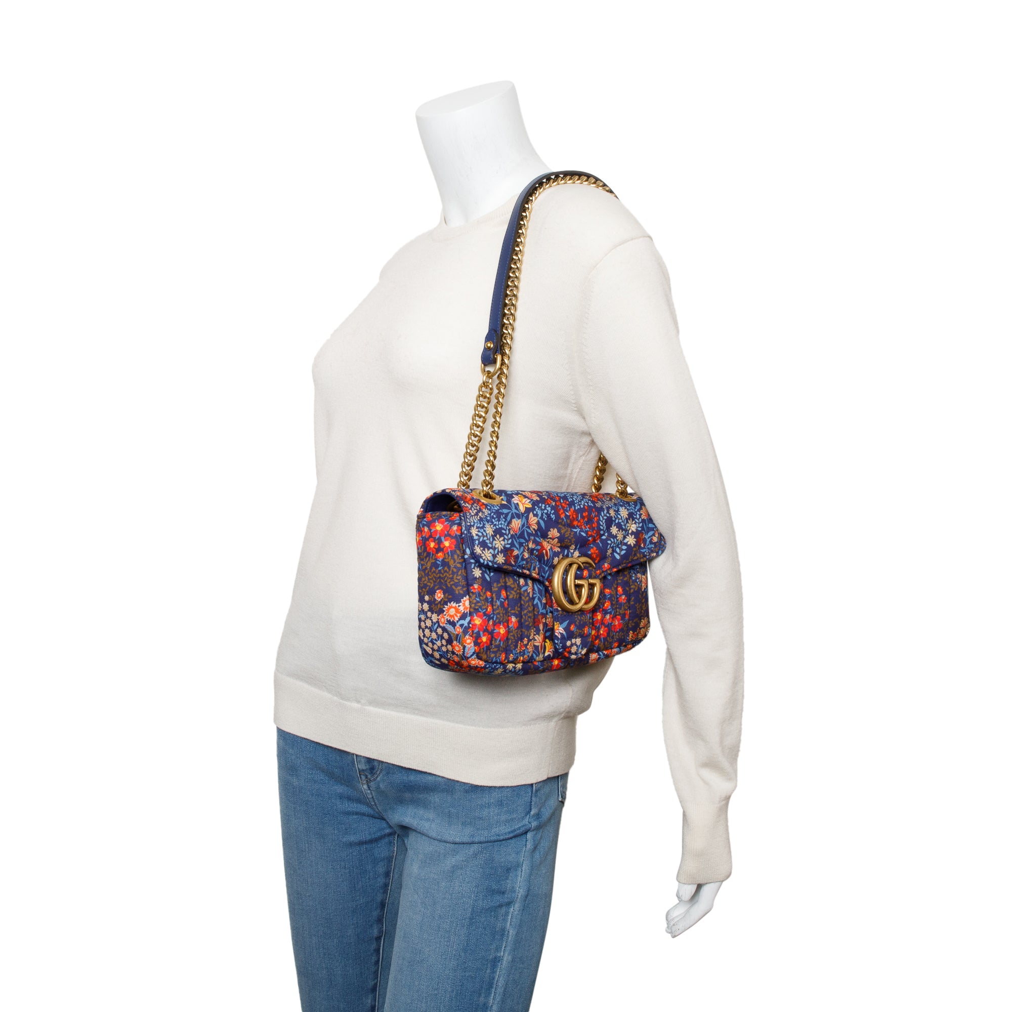 Gucci Blue Multicolor Floral Print Matelasse Cotton GG Marmont Matelasse Small Shoulder Bag