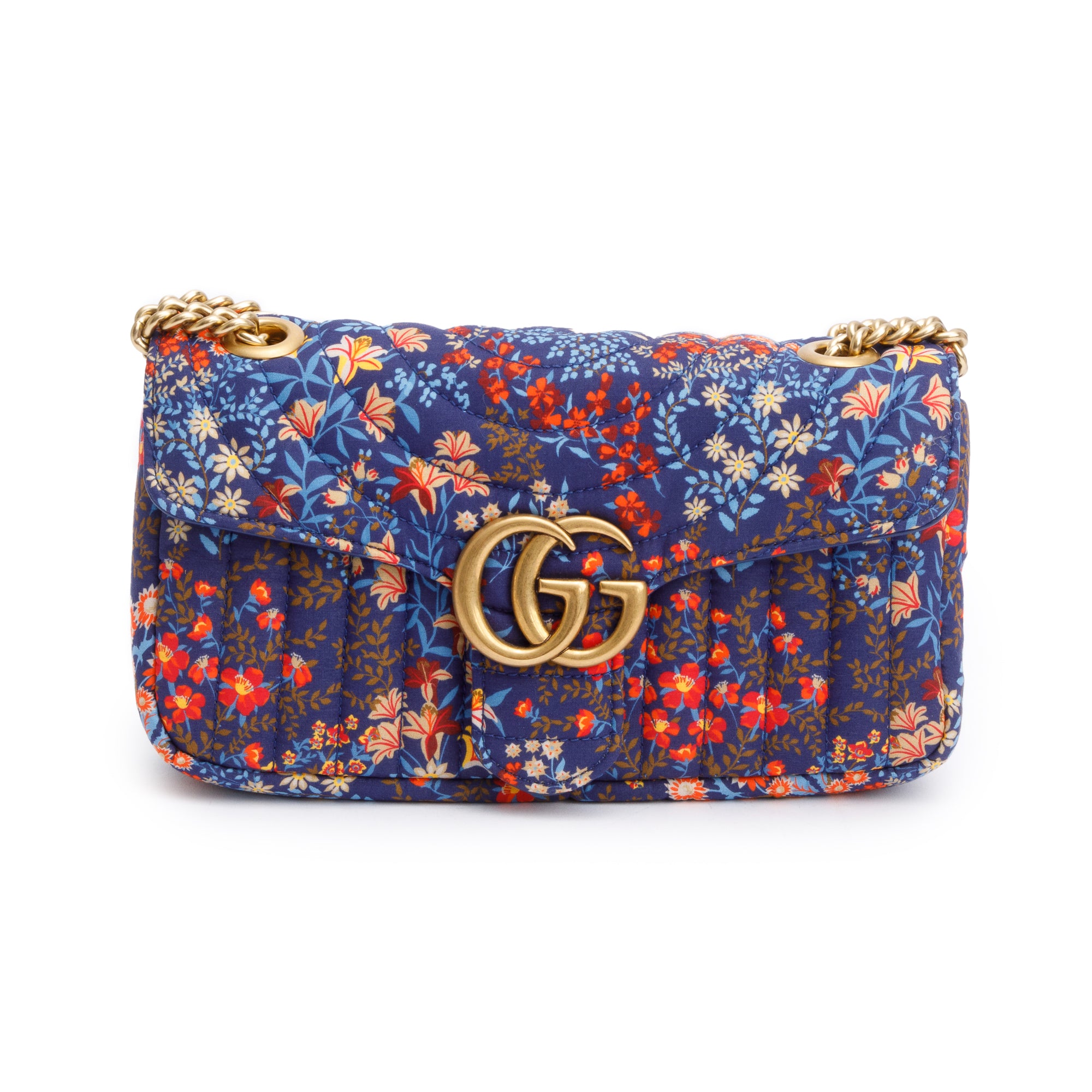 Gucci Blue Multicolor Floral Print Matelasse Cotton GG Marmont Matelasse Small Shoulder Bag