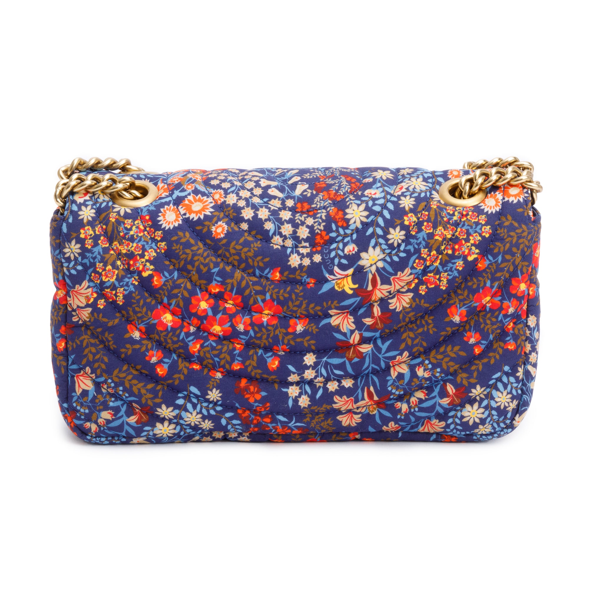 Gucci Blue Multicolor Floral Print Matelasse Cotton GG Marmont Matelasse Small Shoulder Bag