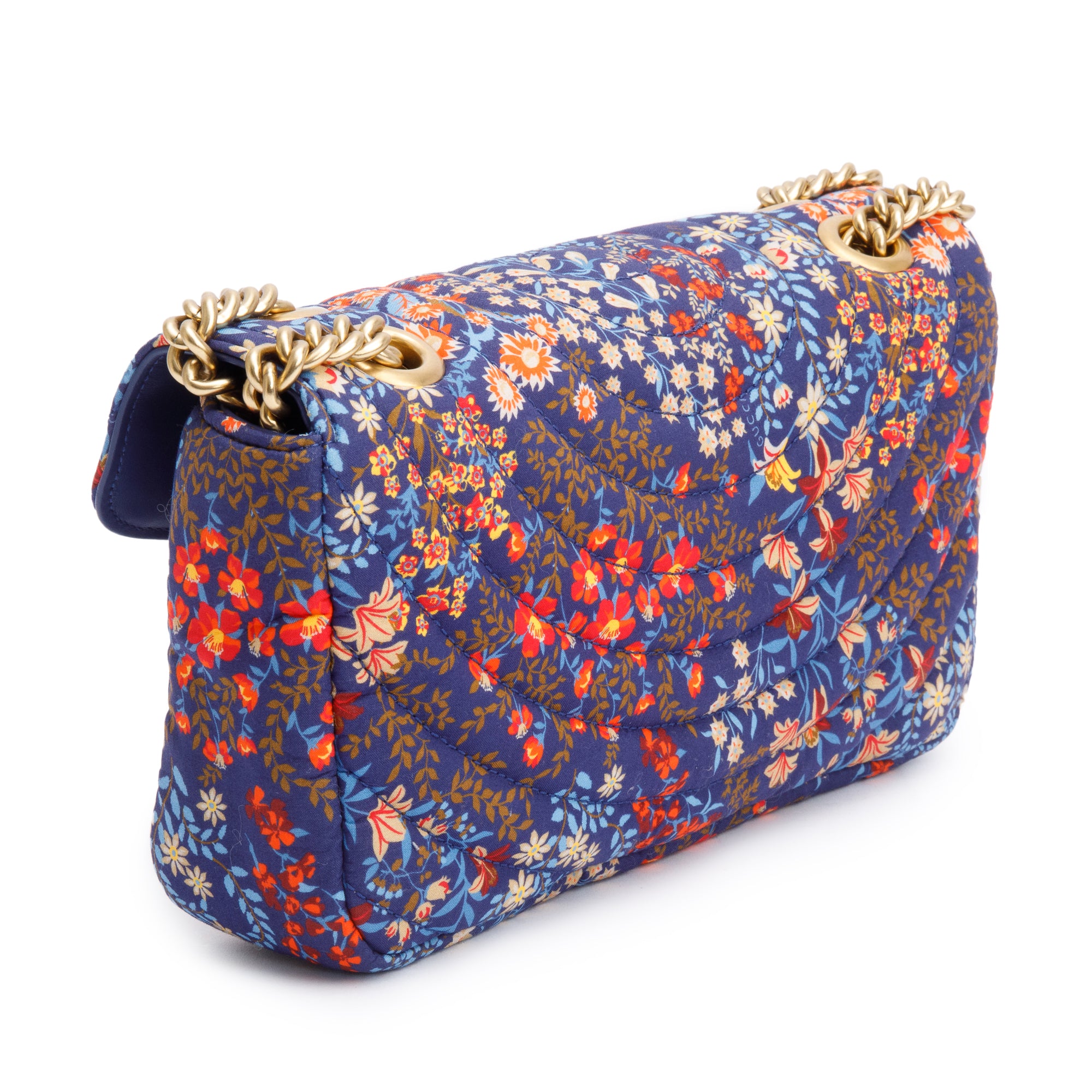 Gucci Blue Multicolor Floral Print Matelasse Cotton GG Marmont Matelasse Small Shoulder Bag