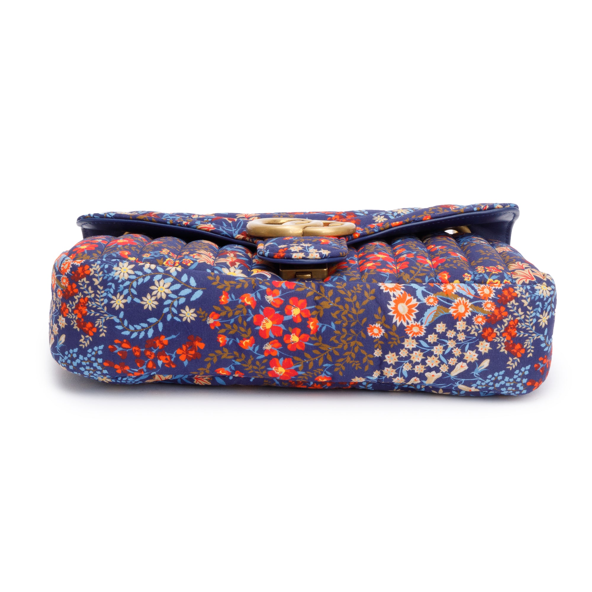 Gucci Blue Multicolor Floral Print Matelasse Cotton GG Marmont Matelasse Small Shoulder Bag