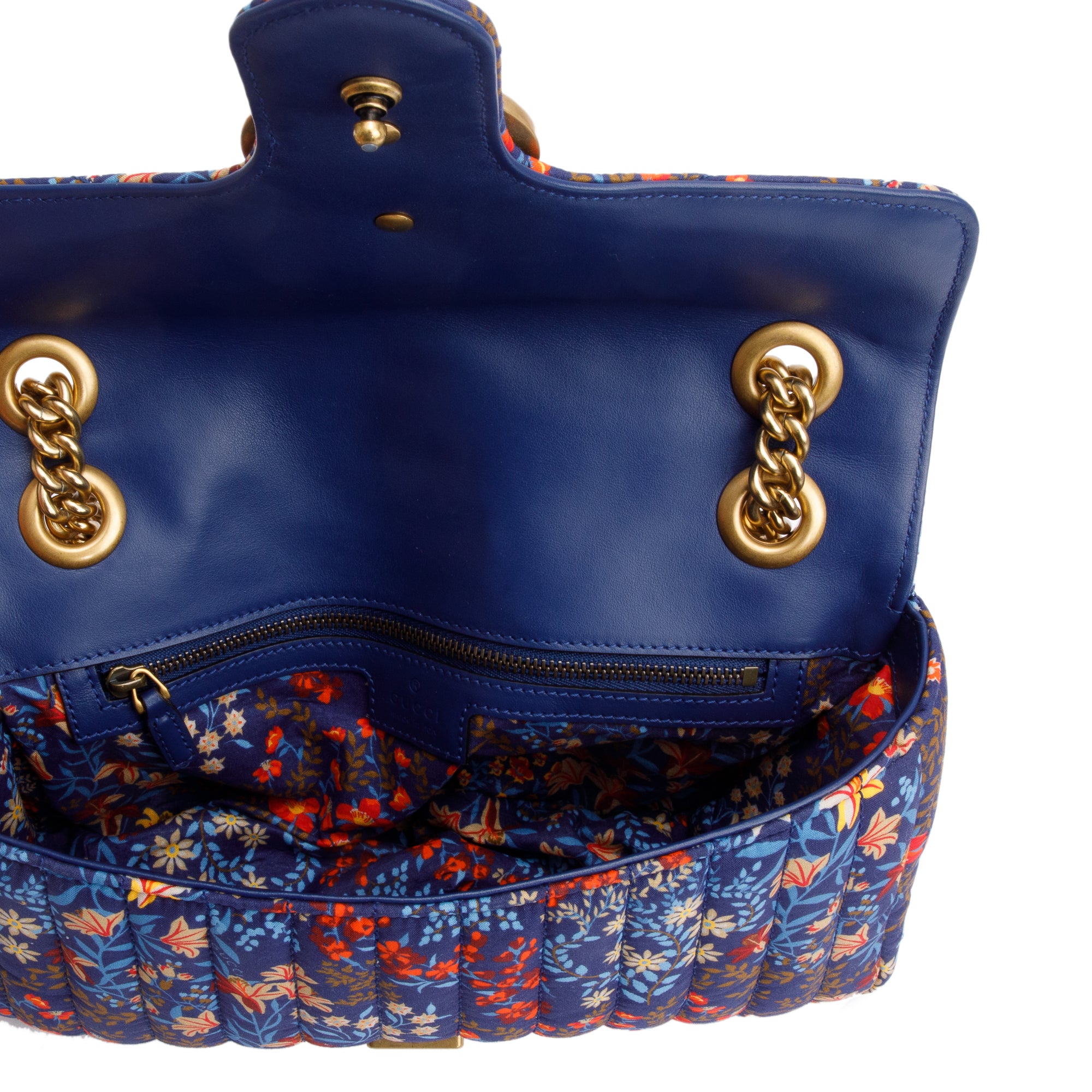 Gucci Blue Multicolor Floral Print Matelasse Cotton GG Marmont Matelasse Small Shoulder Bag