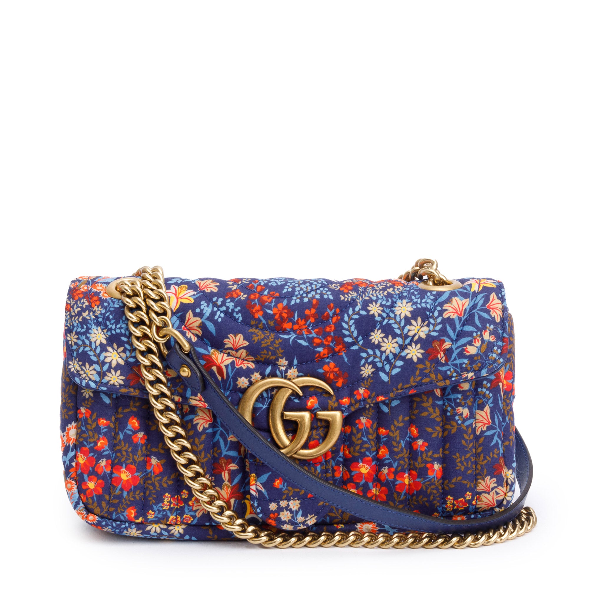 Gucci Blue Multicolor Floral Print Matelasse Cotton GG Marmont Matelasse Small Shoulder Bag