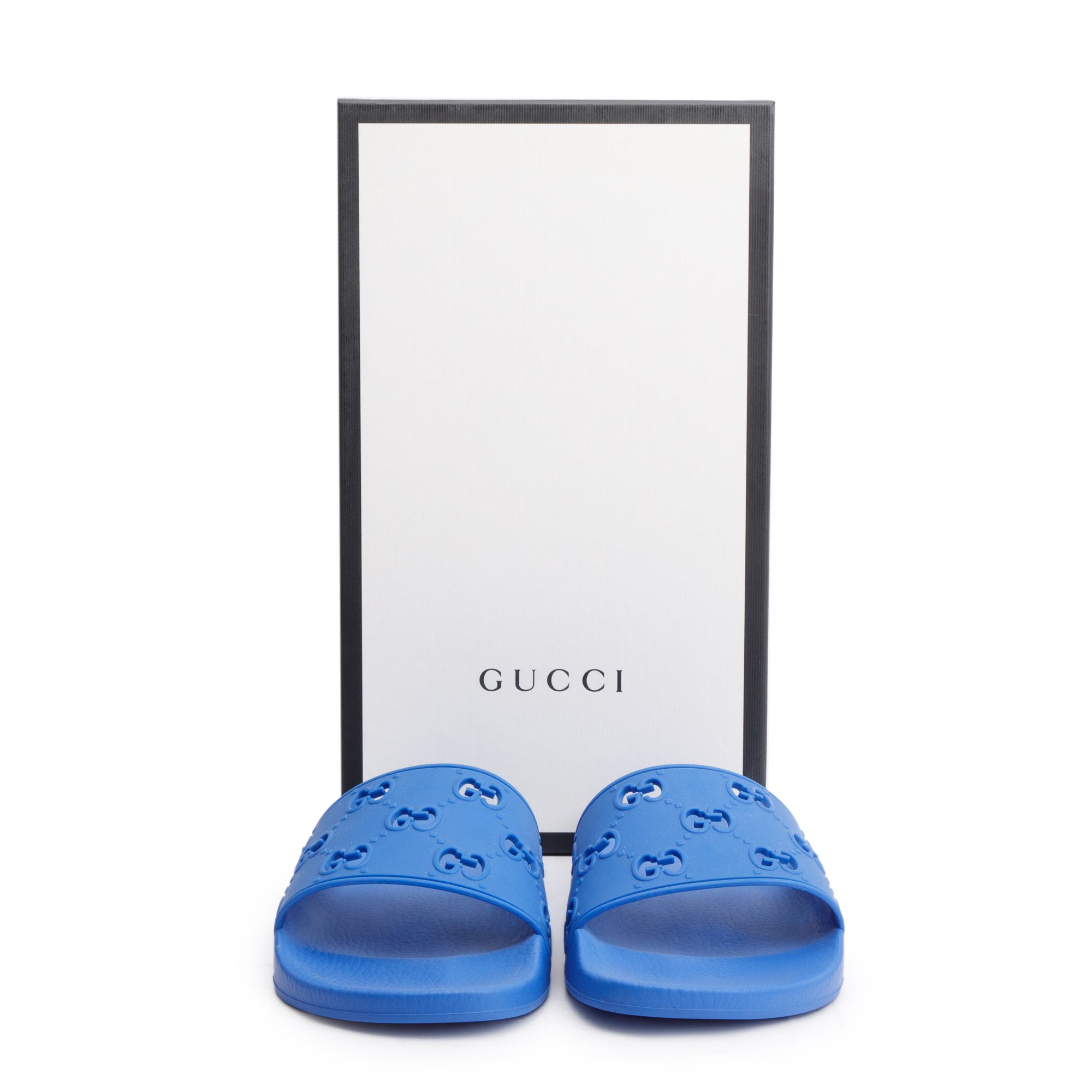 Gucci Blue Rubber GG Cutout Accent Slides, Size 11 w/ Box