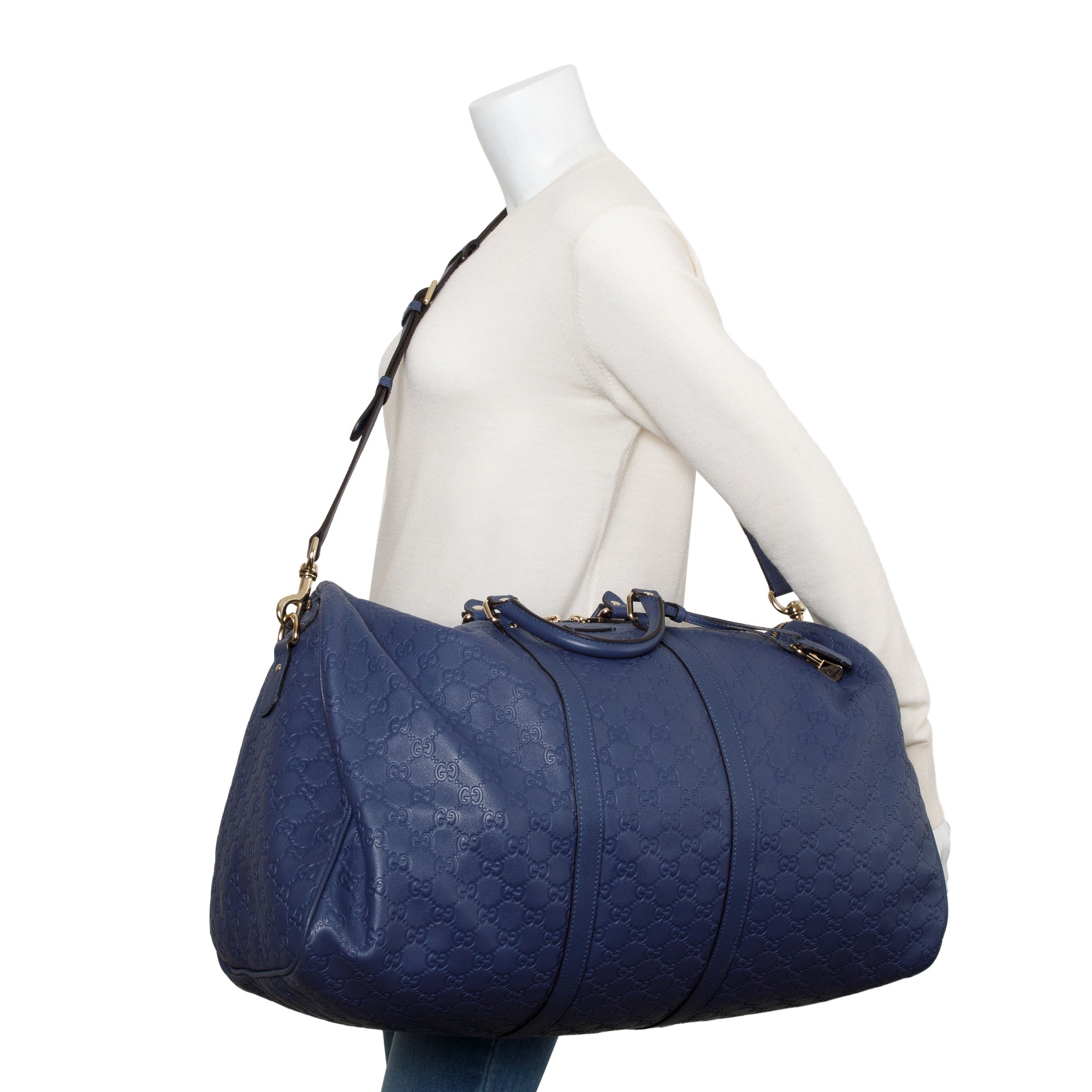 Gucci Blue Signature Leather Carry-On Duffle Bag w/ Strap