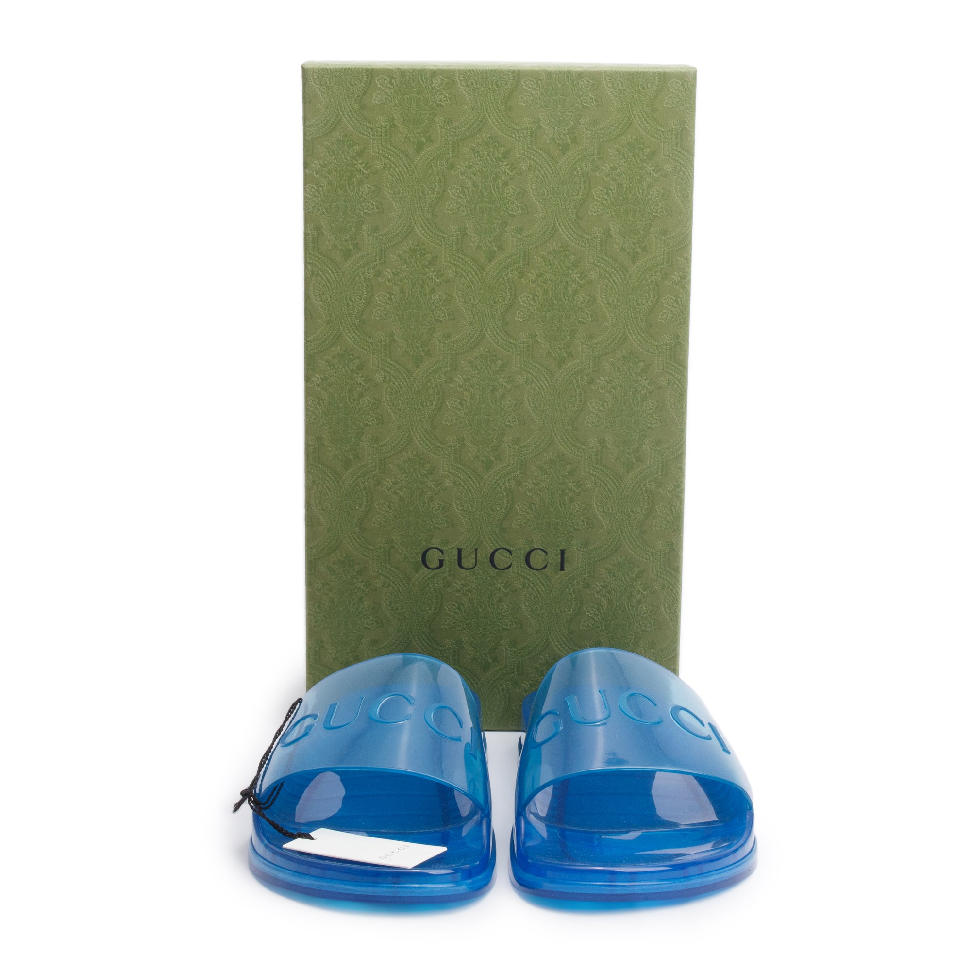 Gucci Blue Transparent Rubber Logo Slides, Size 10 w/ Box
