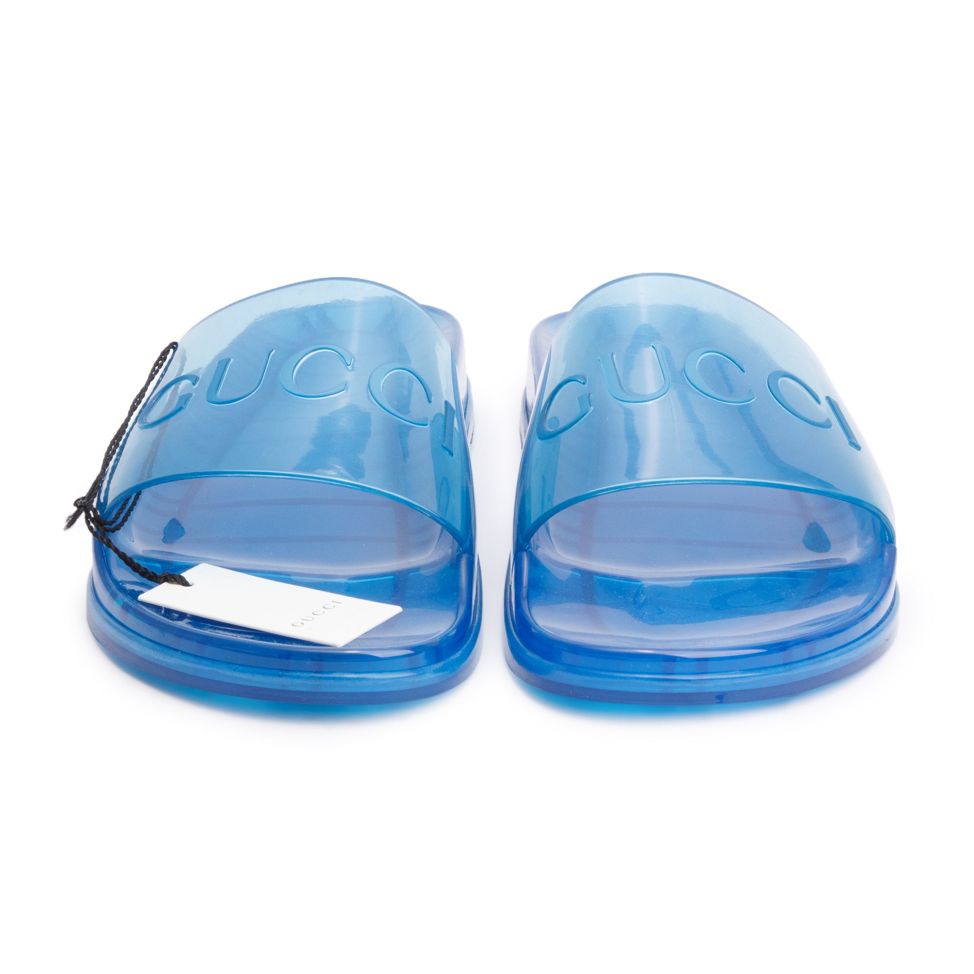 Gucci Blue Transparent Rubber Logo Slides, Size 10 w/ Box