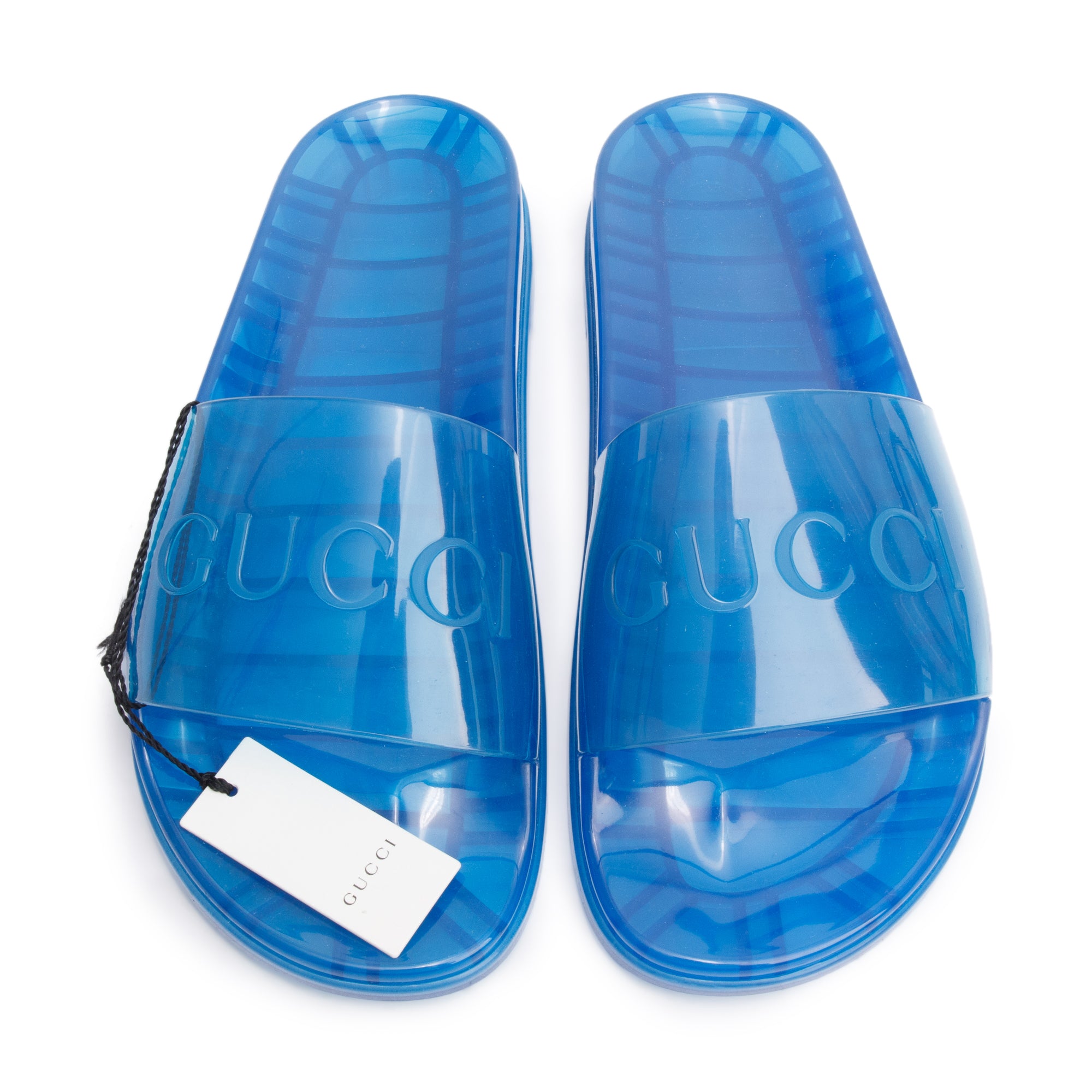Gucci Blue Transparent Rubber Logo Slides Size 10 W Box OLIVER S gucci-blue-transparent-rubber-logo-slides-size-10-w-box-oliver-s