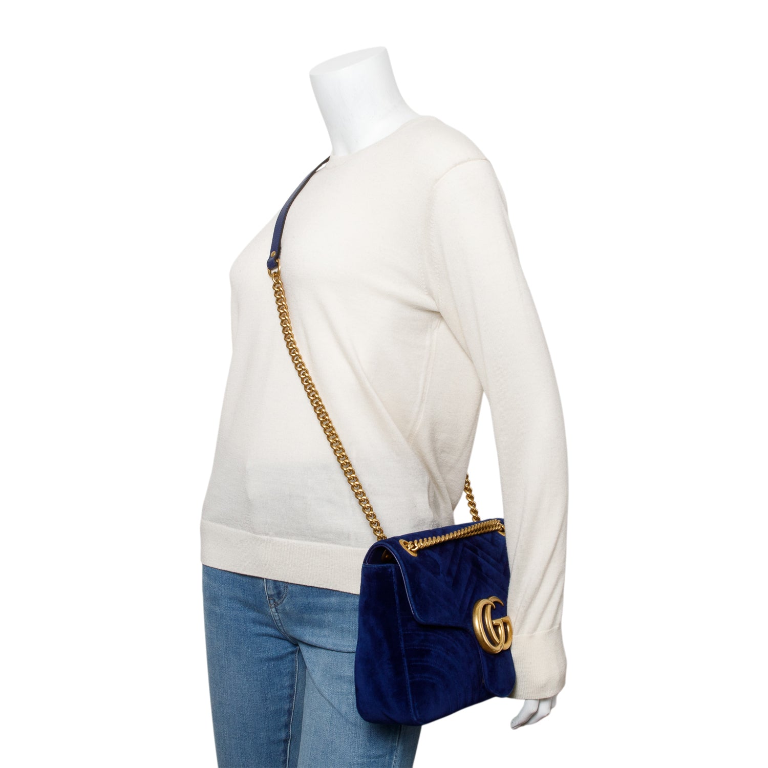 Gucci Blue Velvet Matelasse GG Marmont Medium Shoulder Bag
