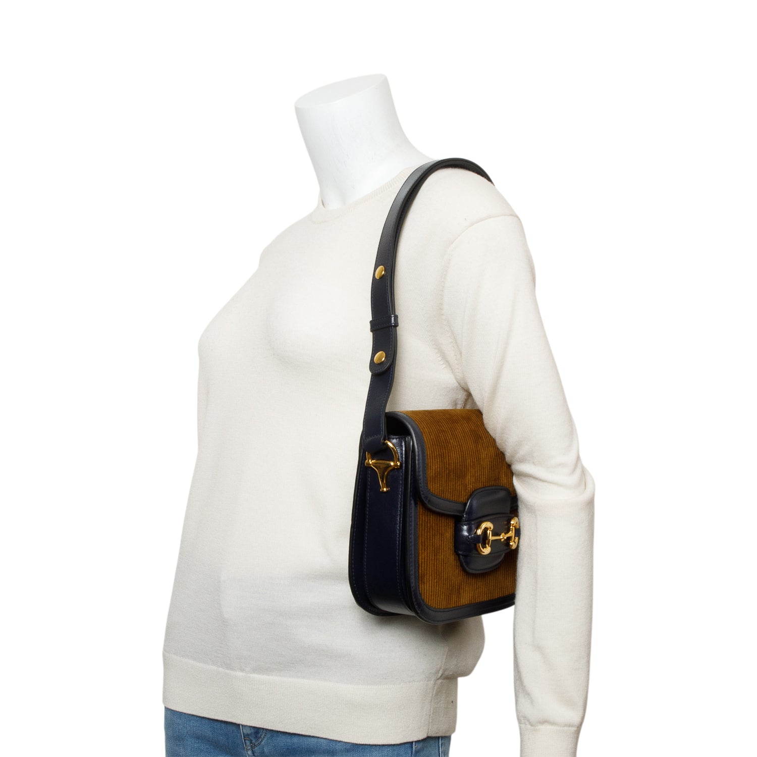 Gucci Brown Corduroy Blue Leather Trim Horsebit 1955 Small Shoulder Bag