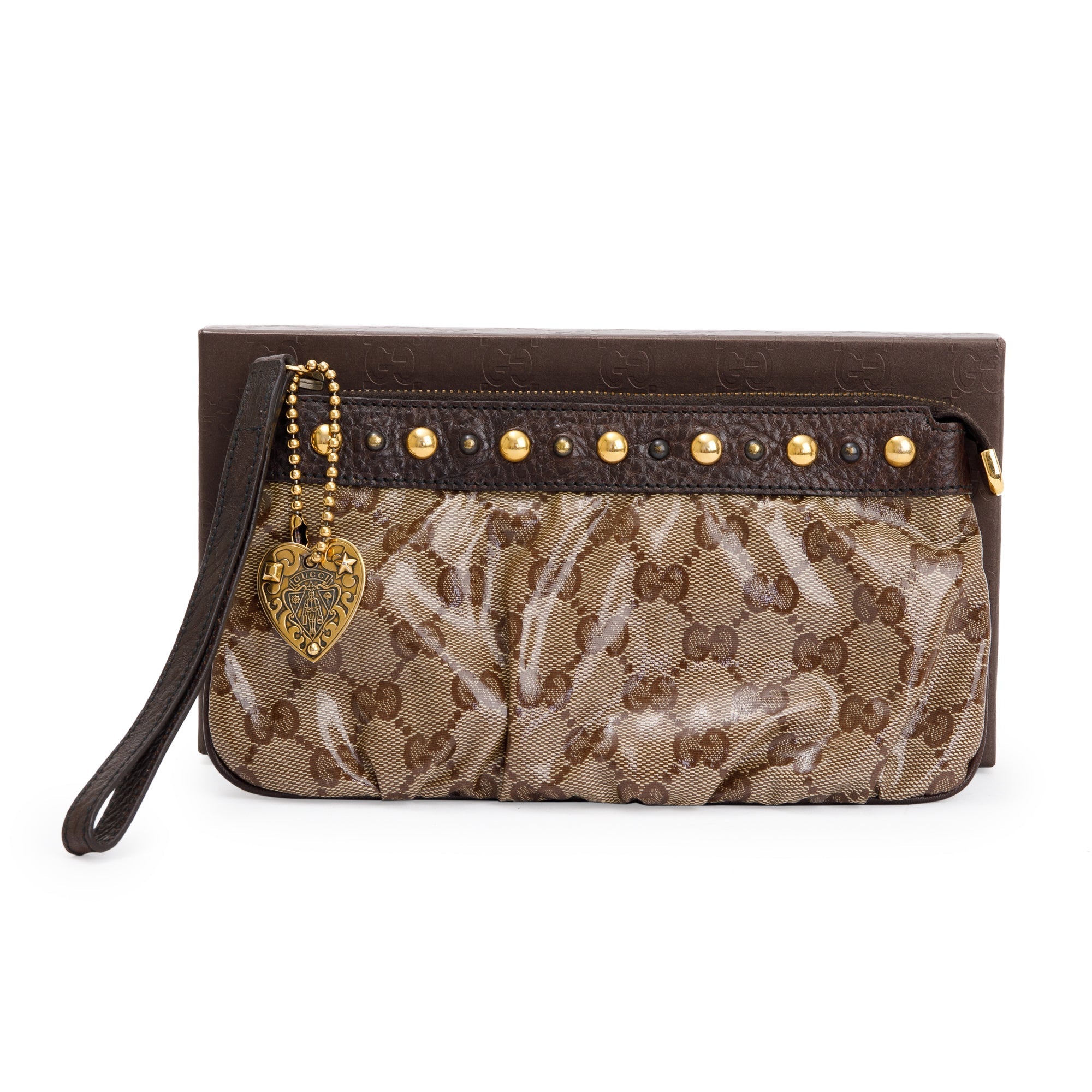 Gucci Brown GG Crystal Monogram Babouska Wristlet Pouch w/ Box