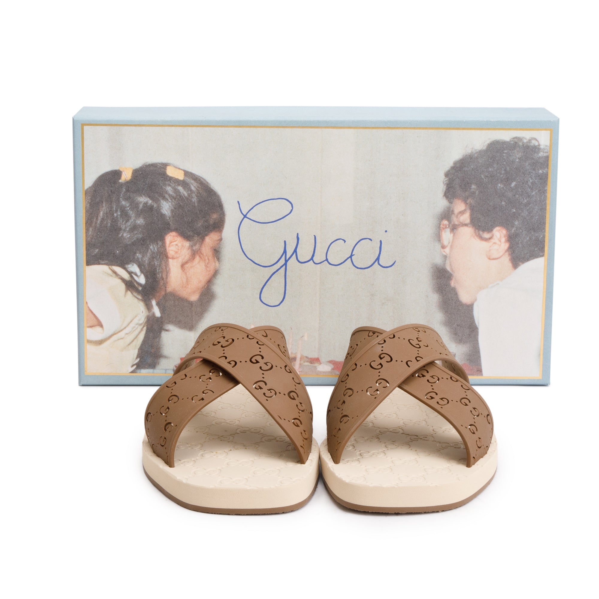 Gucci Brown GG Rubber Slide Sandals, Size 11 w/ Box