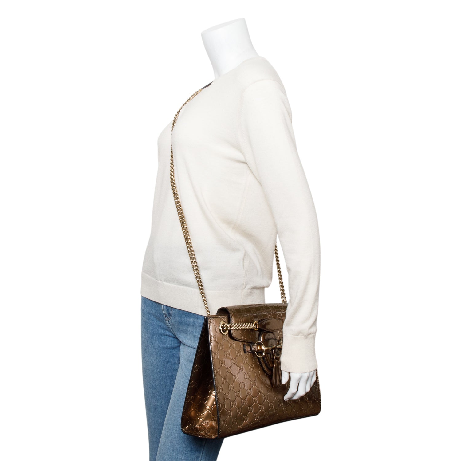 Gucci Brown GG Signature Patent Leather Large Emily Chain Shoulder Bag