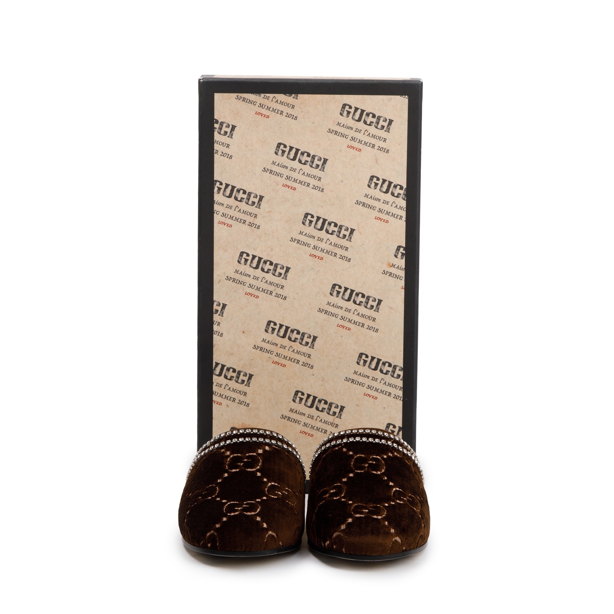 Gucci Brown GG Velvet Crystal Mules, Size 36 w/ Box