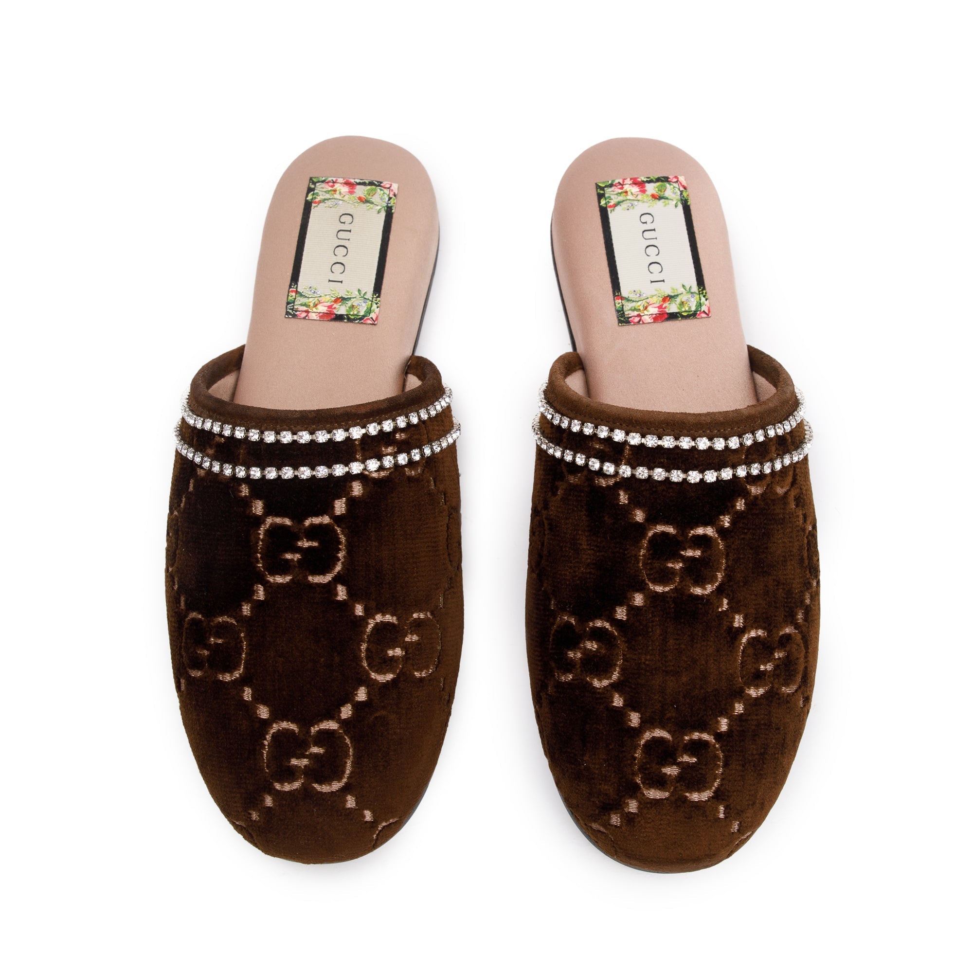 Gucci Brown GG Velvet Crystal Mules, Size 36 w/ Box