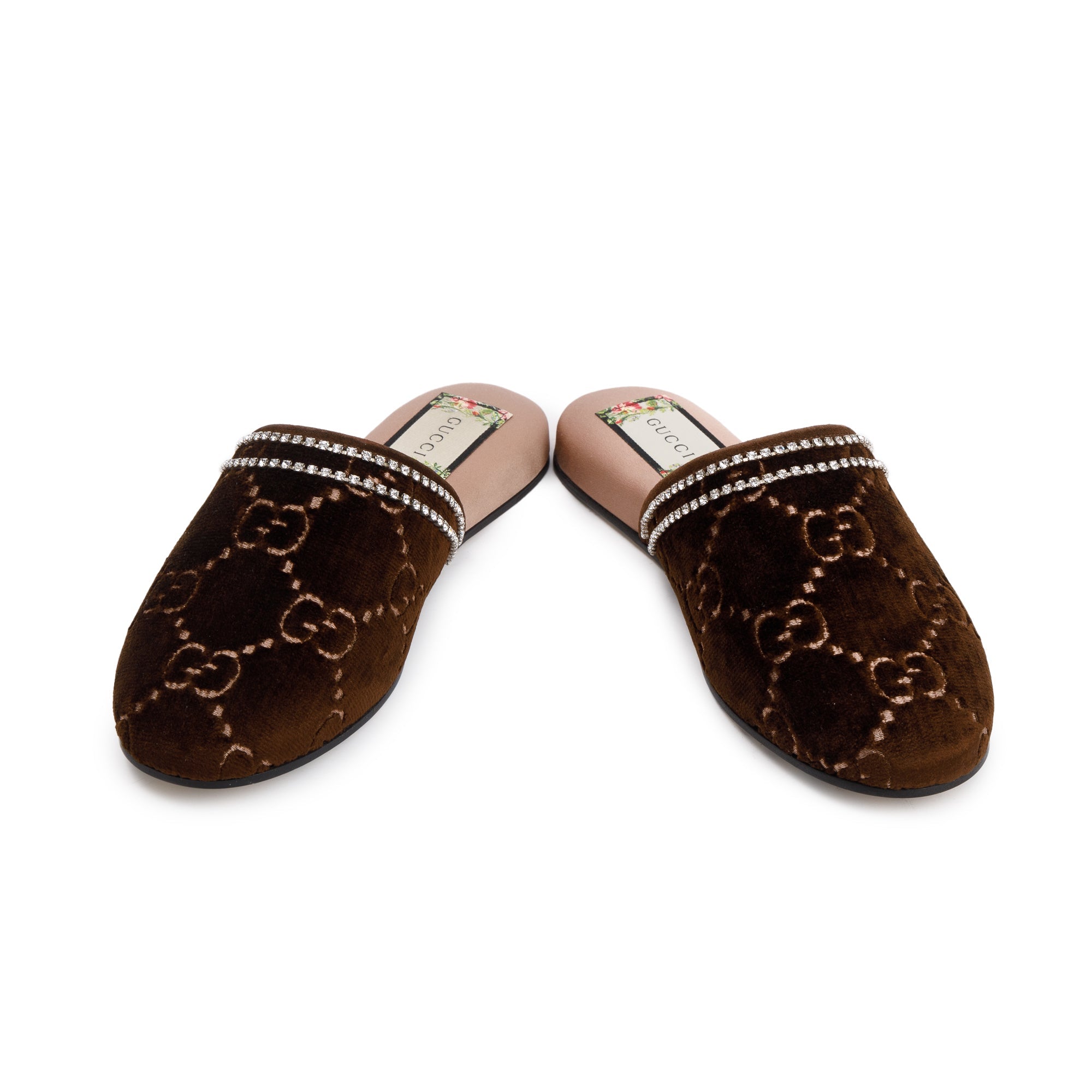 Gucci Brown GG Velvet Crystal Mules, Size 36 w/ Box