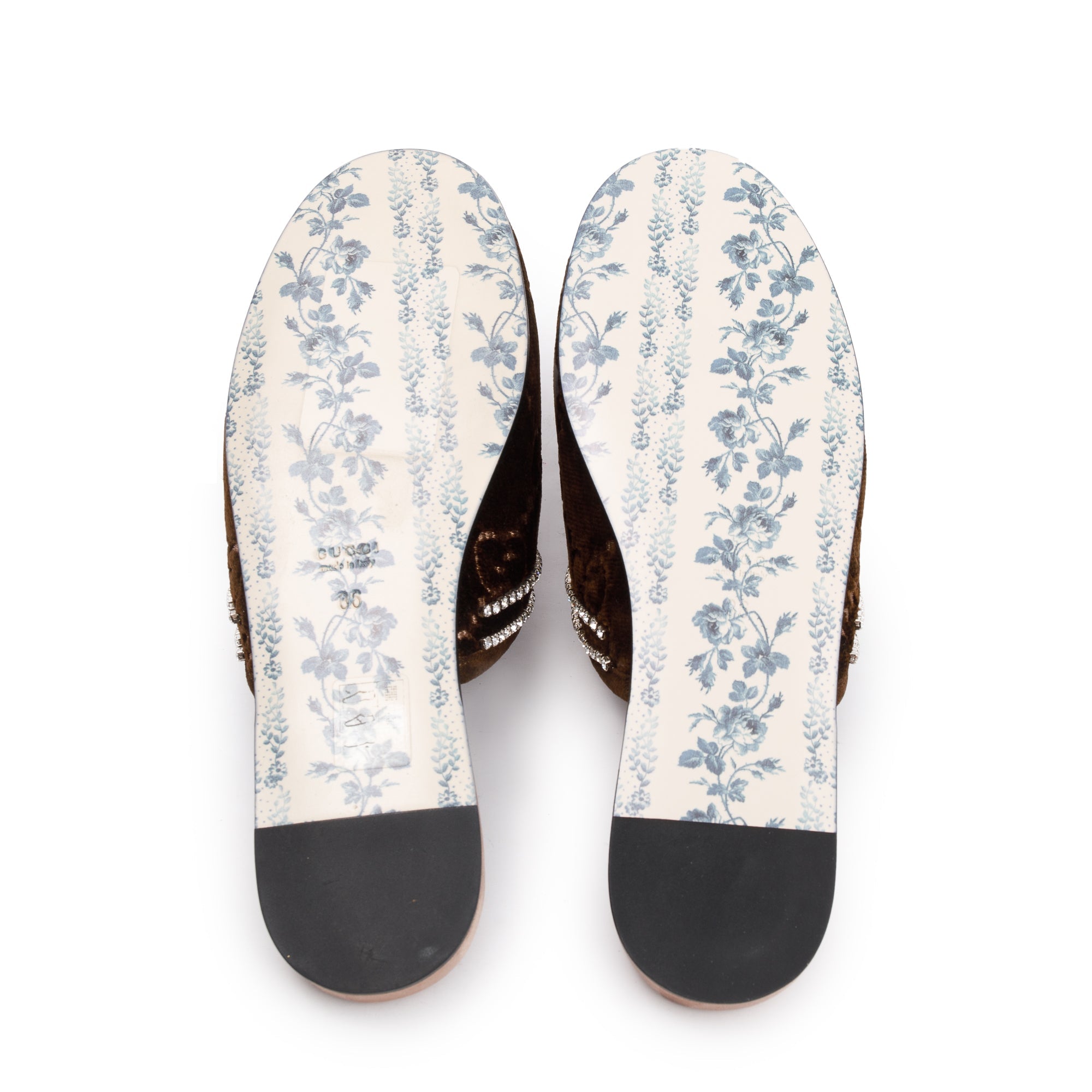 Gucci Brown GG Velvet Crystal Mules, Size 36 w/ Box