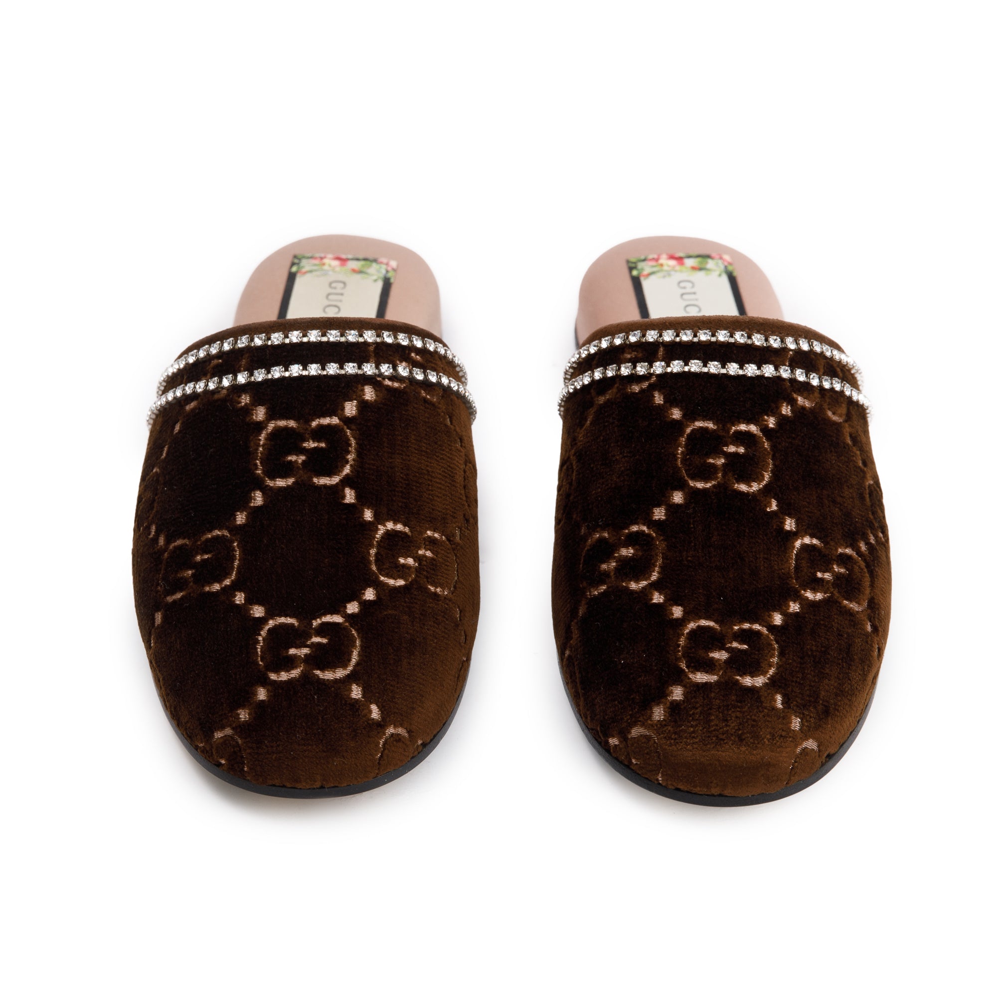 Gucci Brown GG Velvet Crystal Mules, Size 36 w/ Box