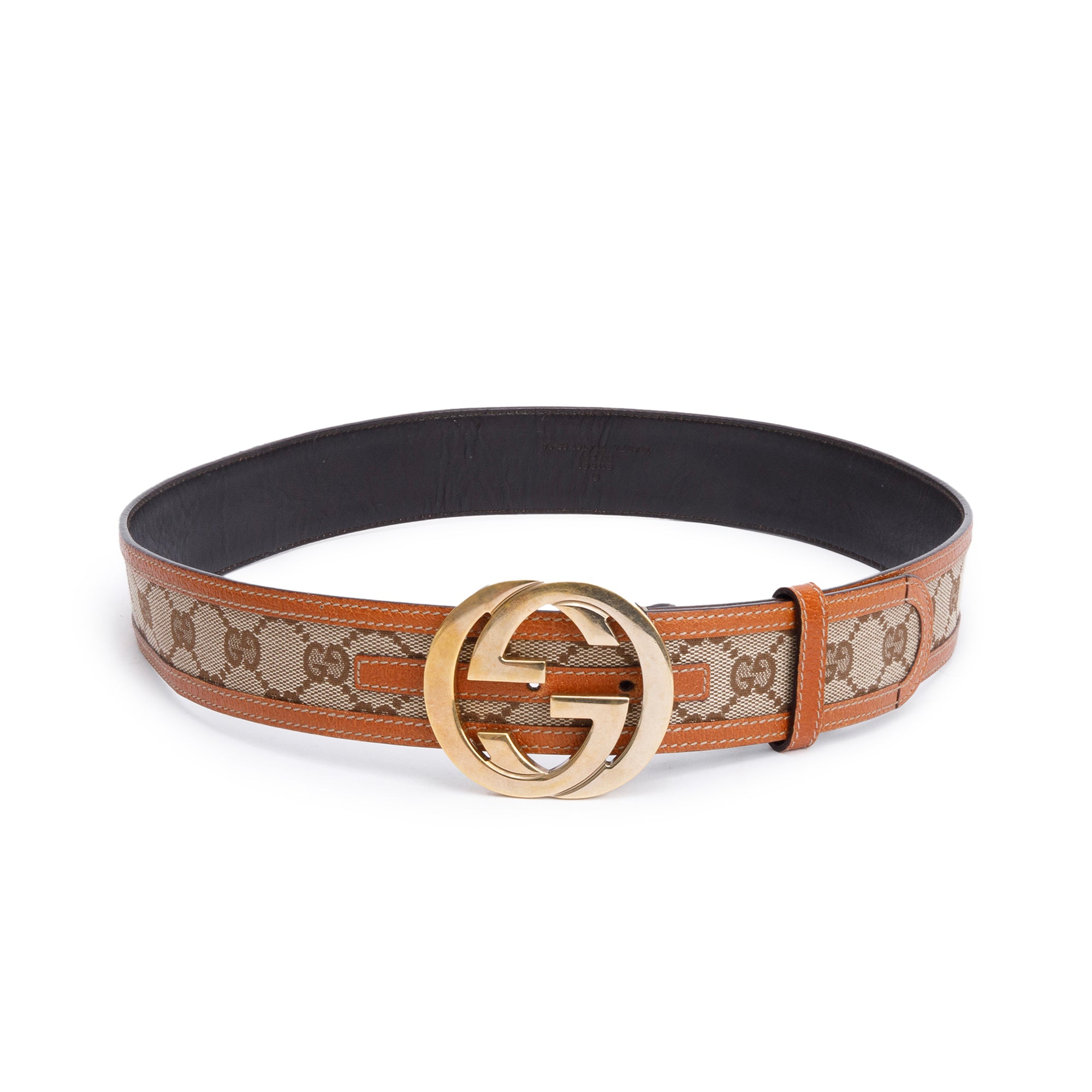 Gucci Brown Leather Beige GG Canvas Belt With Interlocking G Buckle 85 34