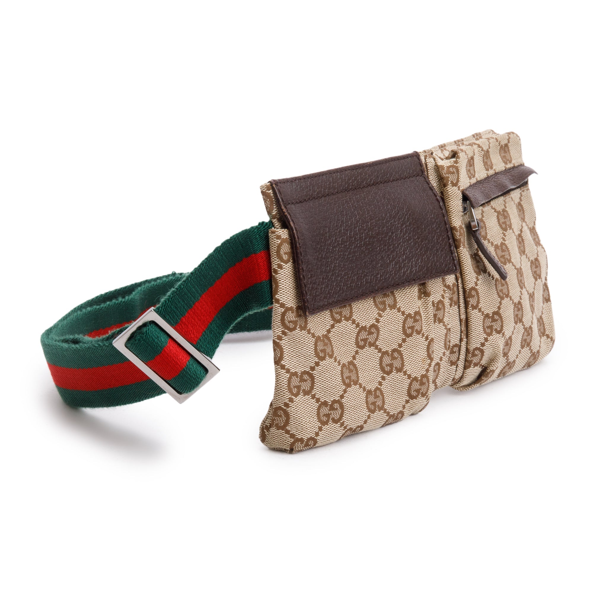 Gucci Brown Leather GG Canvas Web Double Pocket Small Belt Bag
