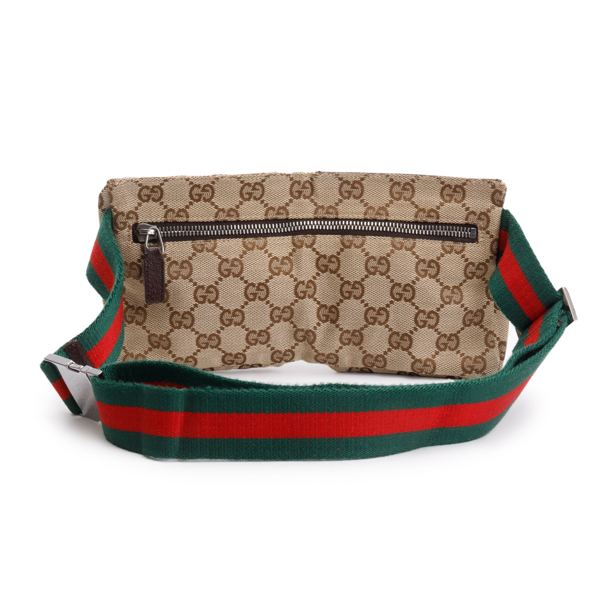 Gucci Brown Leather GG Canvas Web Double Pocket Small Belt Bag
