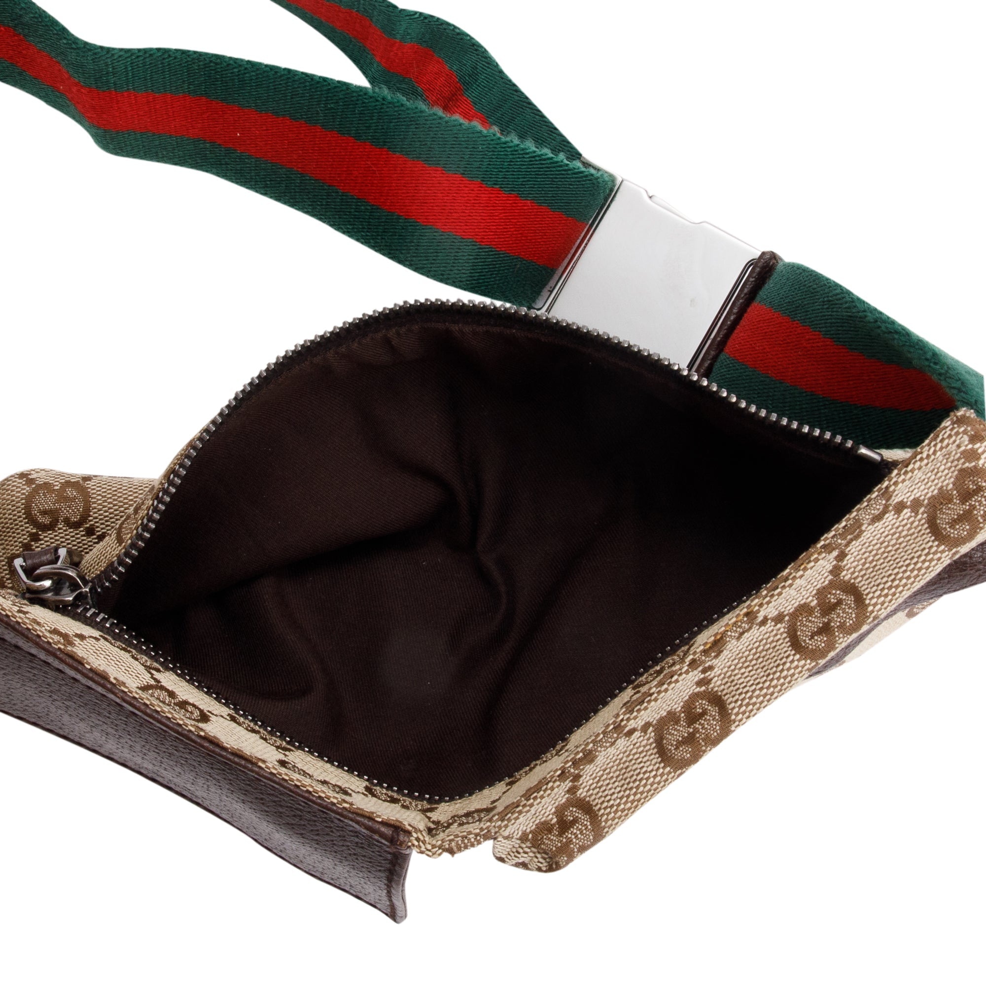 Gucci Brown Leather GG Canvas Web Double Pocket Small Belt Bag