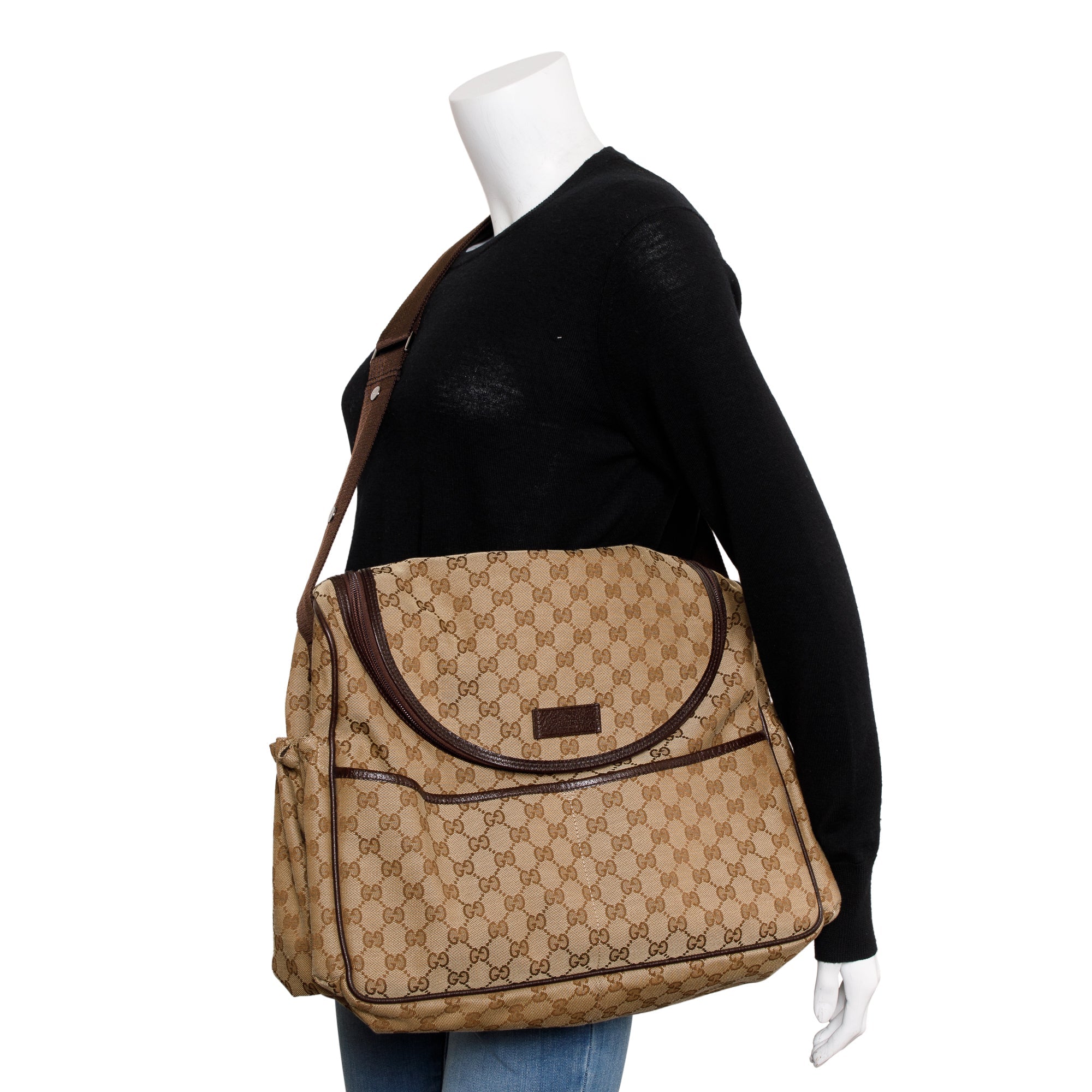 Gucci Brown Leather Trim GG Canvas Diaper Bag