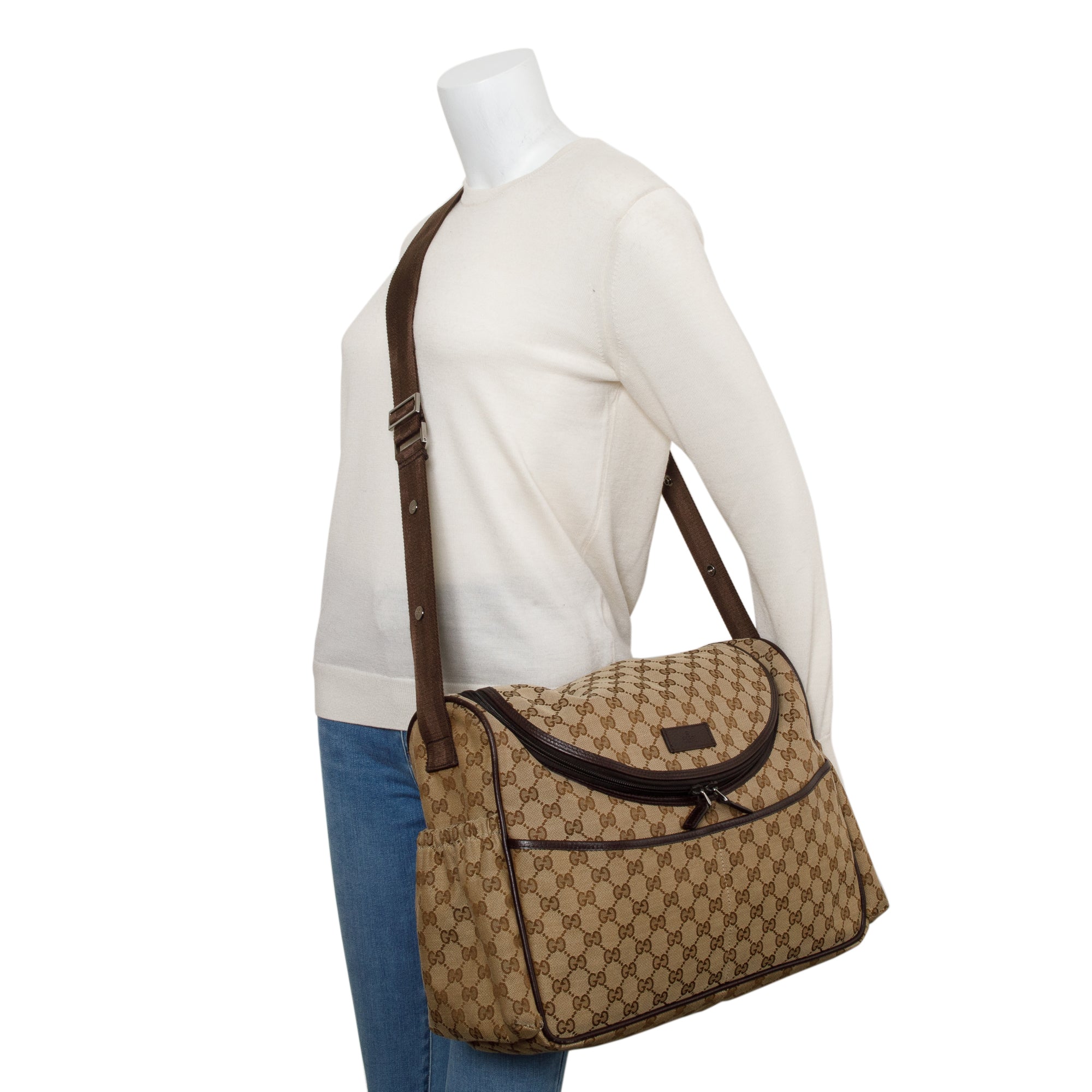 Gucci Brown Leather Trim GG Canvas Diaper Bag