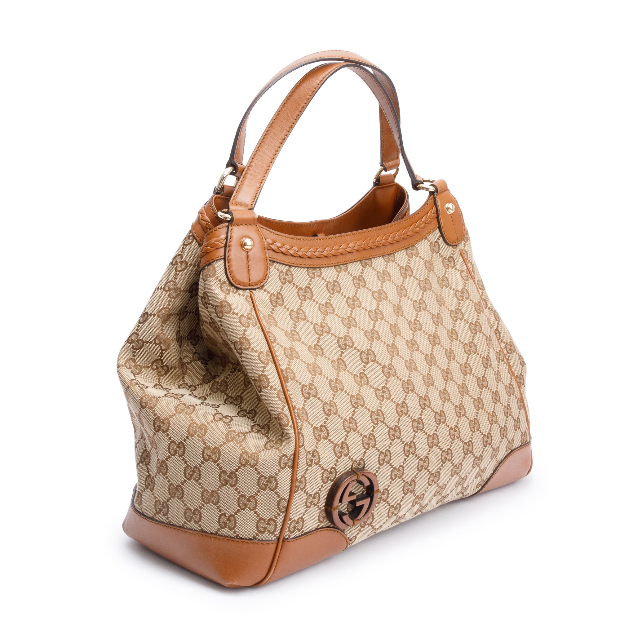Gucci Brown Leather Trim GG Canvas Medium Brick Lane Tote