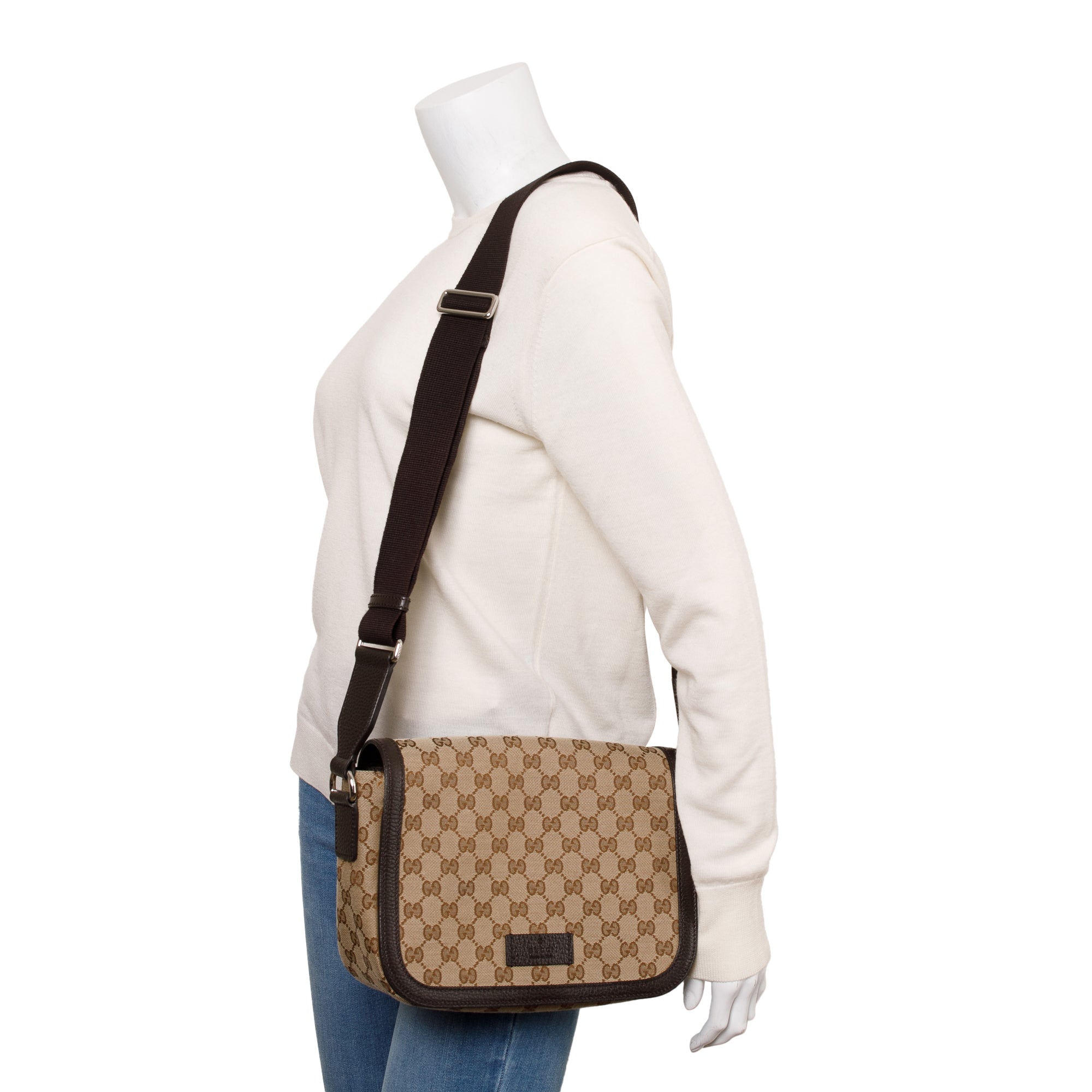 Gucci Brown Leather Trim GG Canvas Messenger Bag