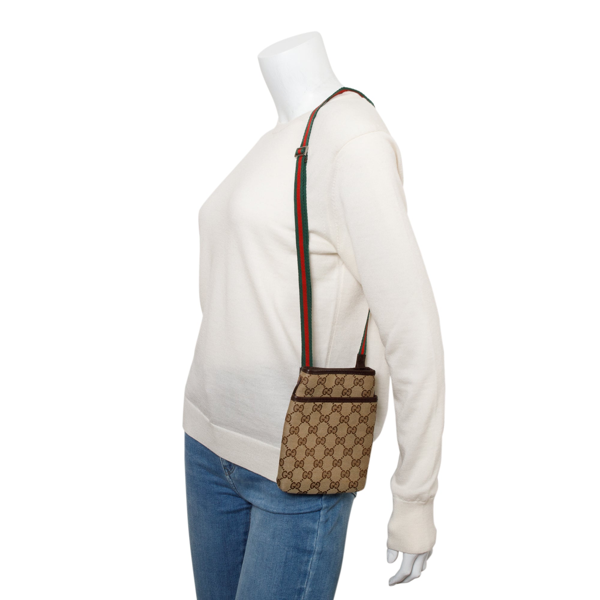 Gucci Brown Leather Trim GG Canvas Web Sherry Line Mini Shoulder Bag