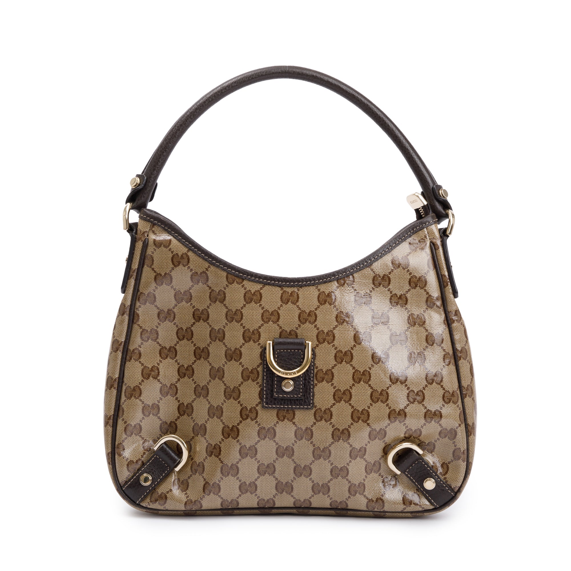 Gucci Brown Leather Trim GG Crystal Abbey Hobo