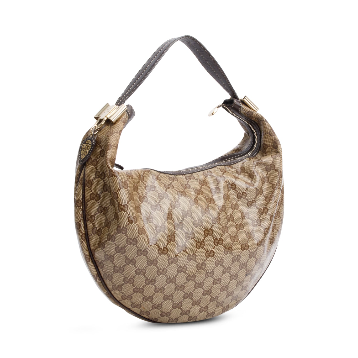 Gucci Brown Leather Trim GG Crystal Duchessa Hobo Bag