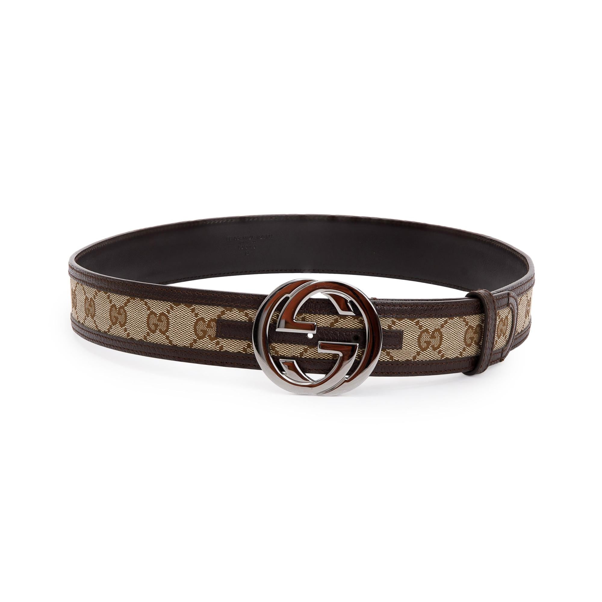 Gucci Brown Leather Trimmed GG Canvas Belt with Interlocking G Buckle, Size 90 36