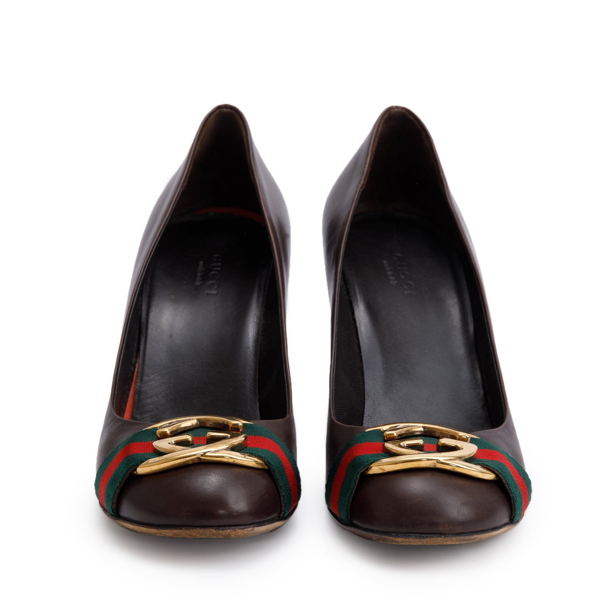 Gucci Brown Leather Web Interlocking G Pumps, Size 37.5 w/ Box