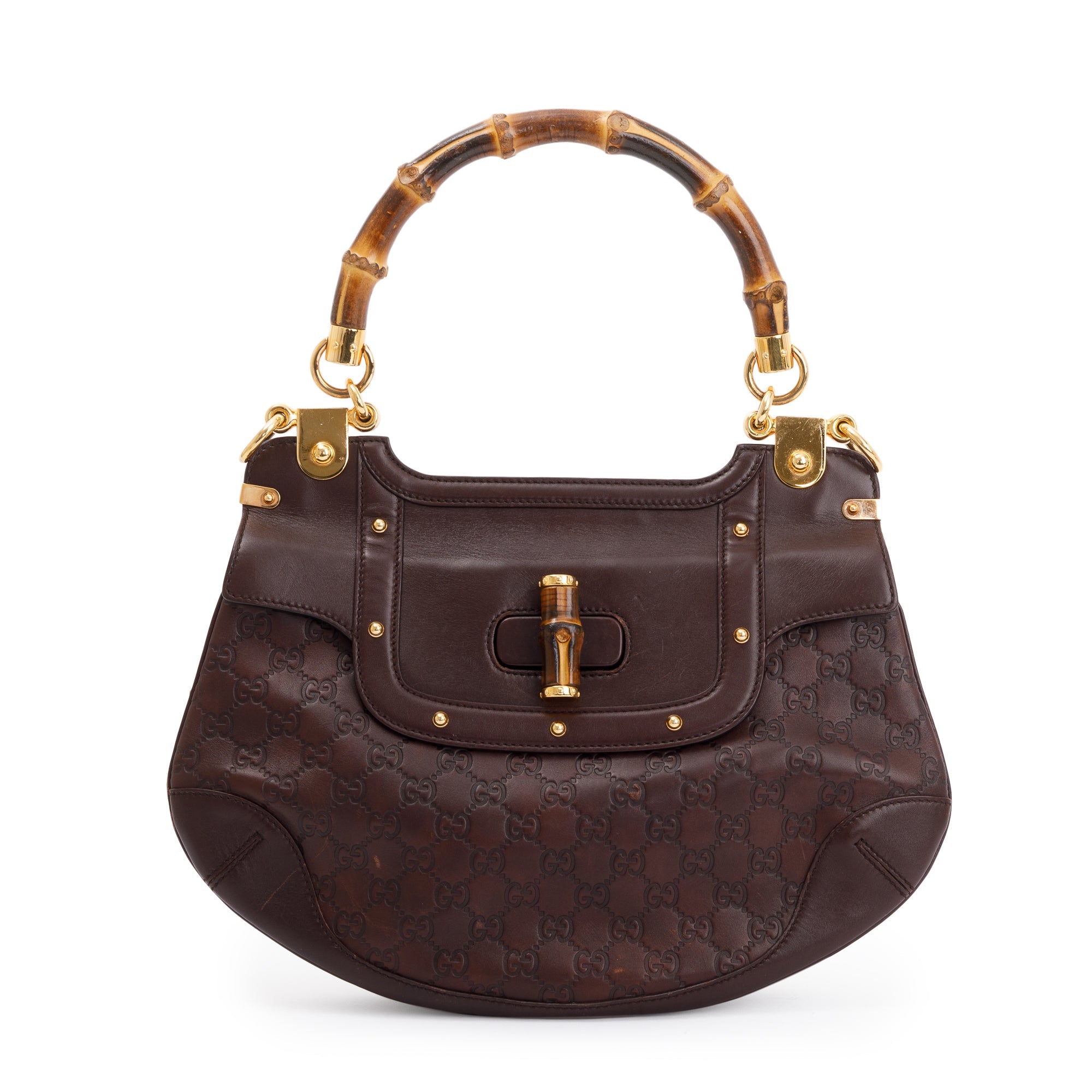 Gucci Brown Signature Leather Peggy Bamboo Top Handle Bag w/ Strap