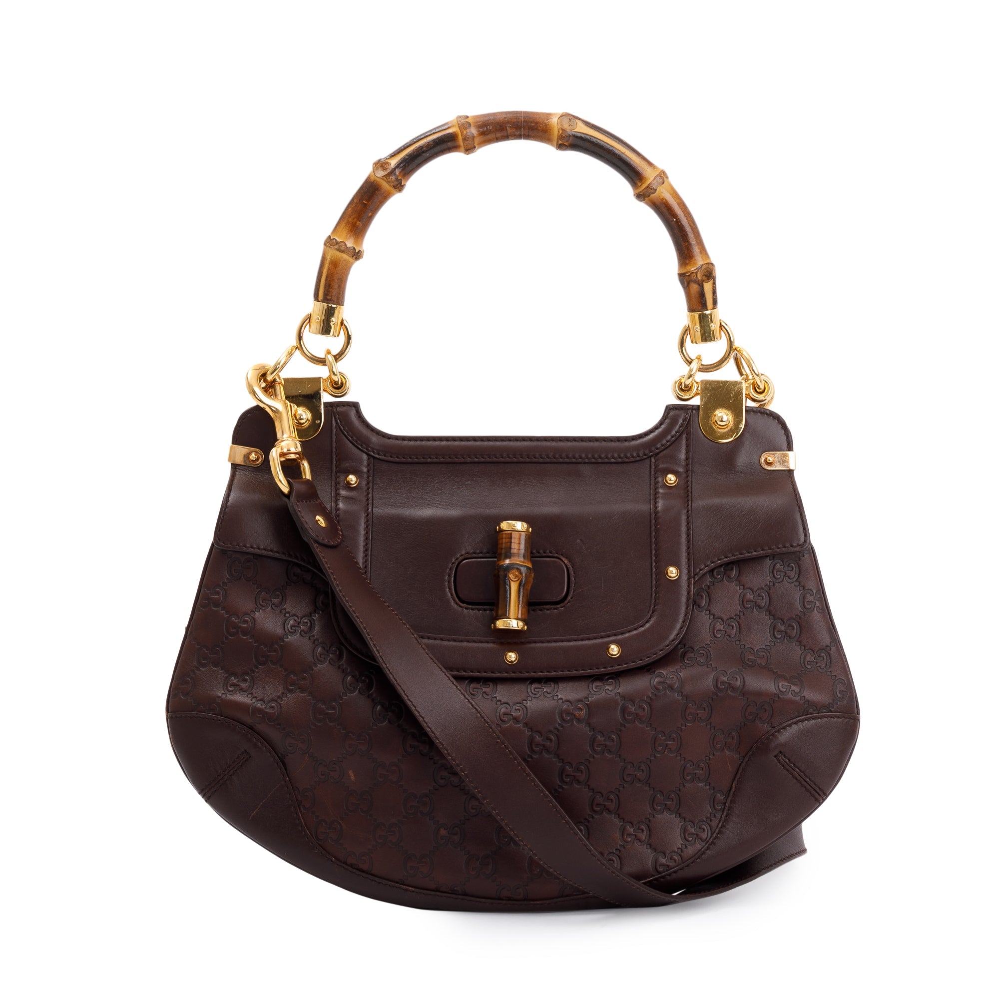 Gucci Brown Signature Leather Peggy Bamboo Top Handle Bag w/ Strap