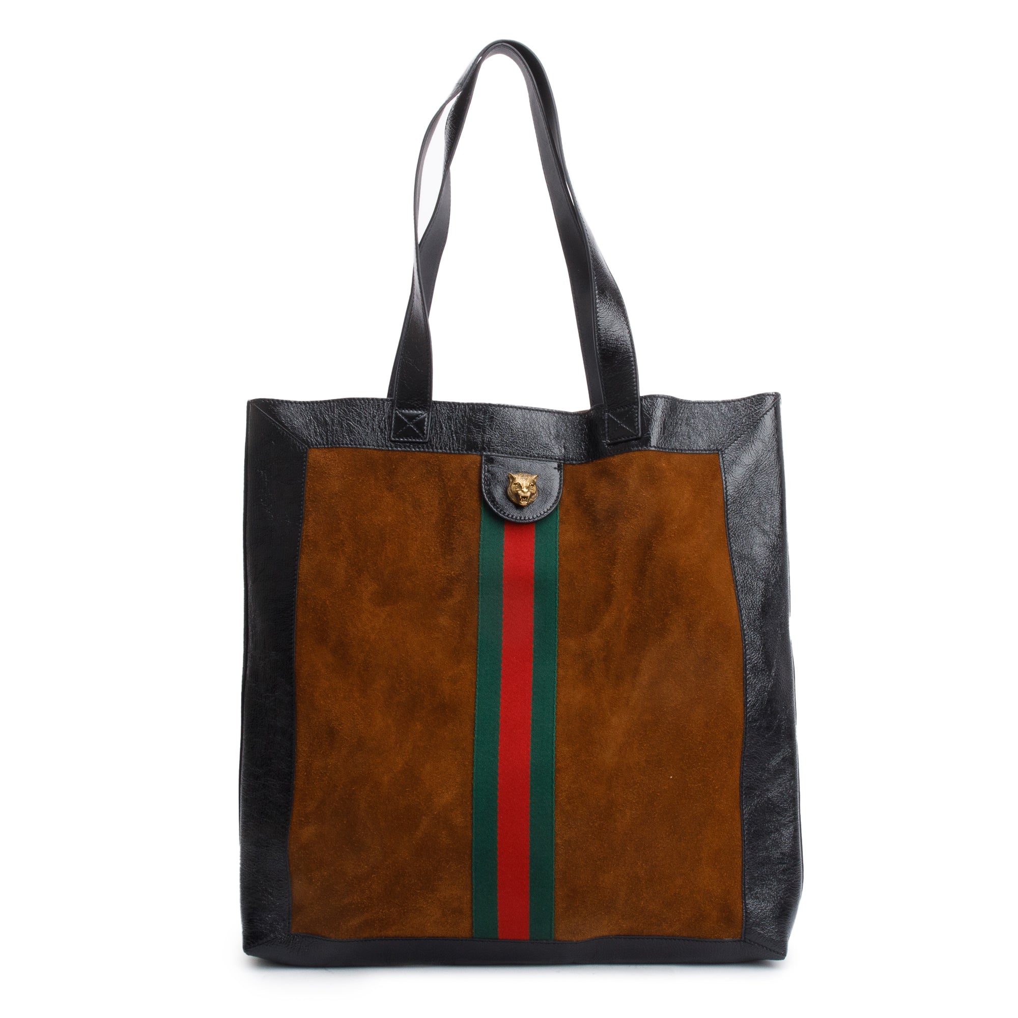 Gucci Brown Suede Black Patent Leather Trim Web Large Soft Ophidia Vertical Tote w/ Pouch