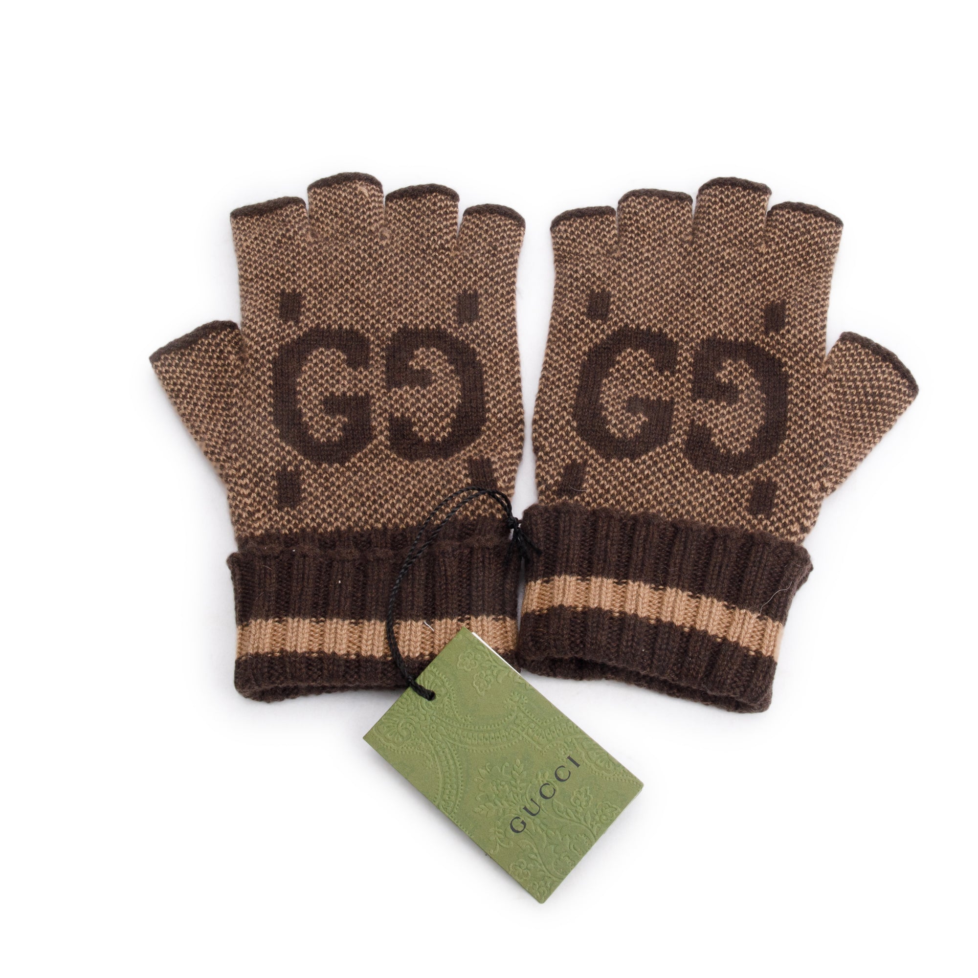 Gucci Brown/Beige GG Cashmere Fingerless Gloves w/ Box