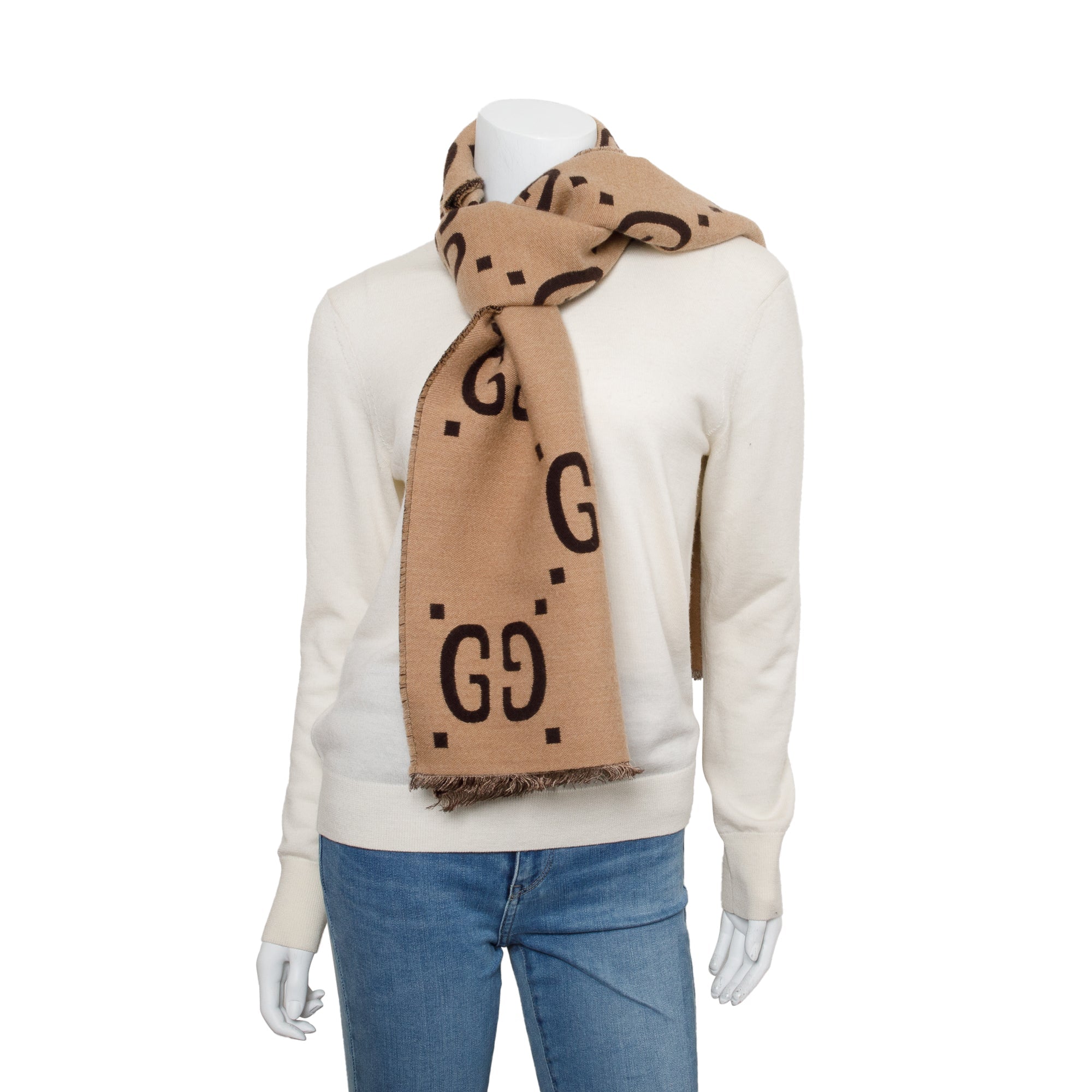 Gucci Brown/Beige GG Jacquard Wool Silk Scarf w/ Box & Receipt