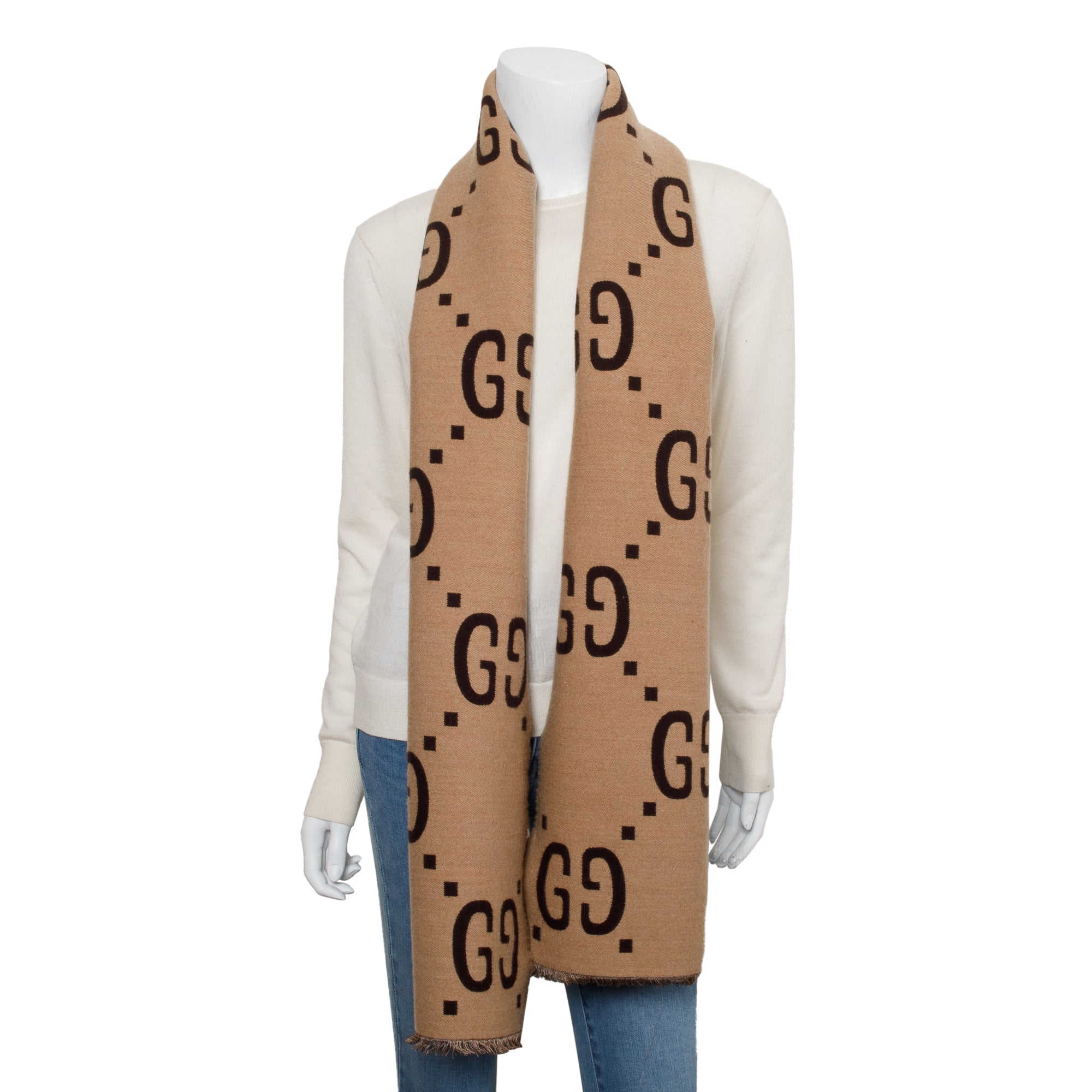 Gucci Brown/Beige GG Jacquard Wool Silk Scarf w/ Box & Receipt