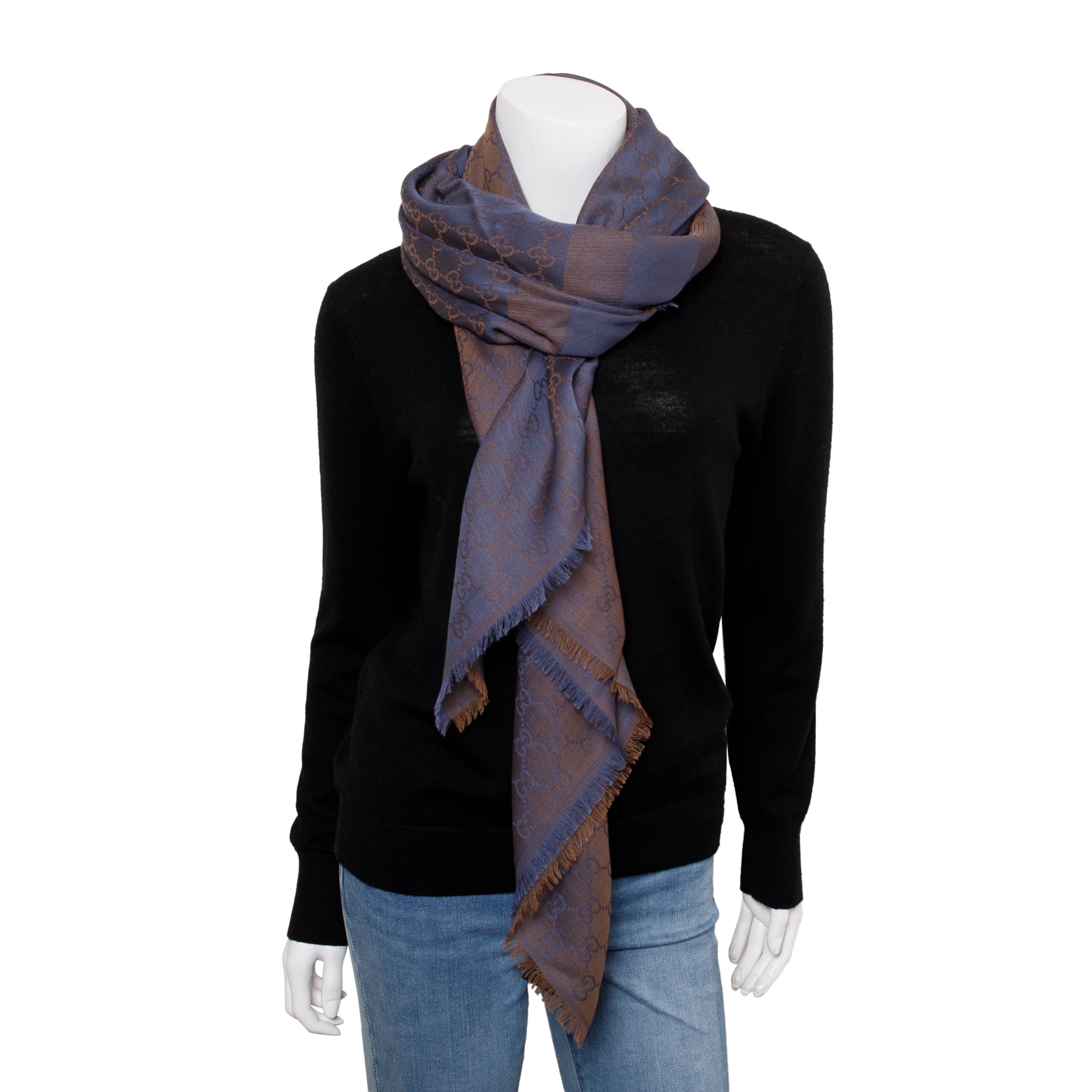 Gucci Brown/Purple Wool Silk GG Jacquard Scarf