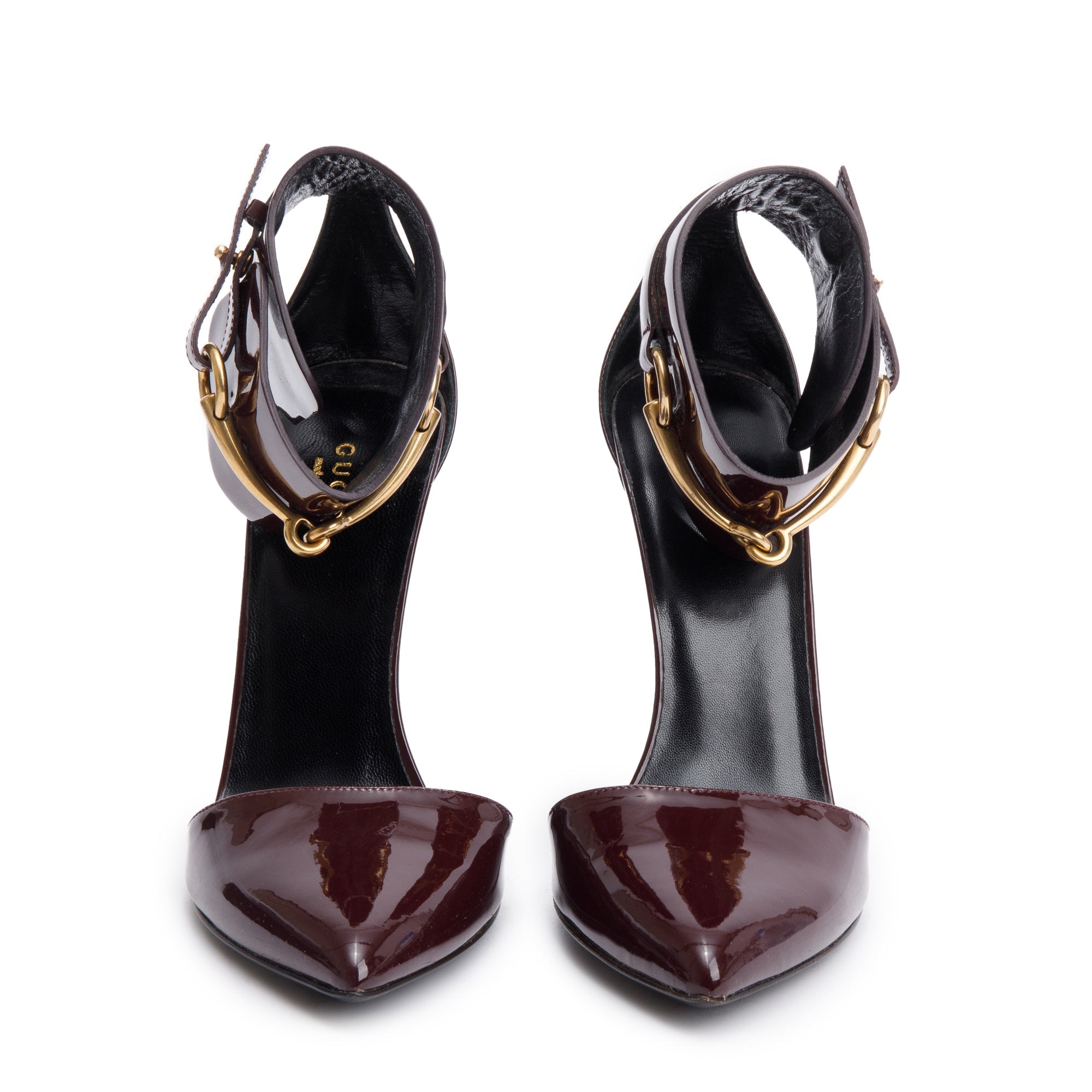 Gucci Burgundy Patent Leather Horsebit Accent Ursula Ankle Wrap Pumps, Size 38
