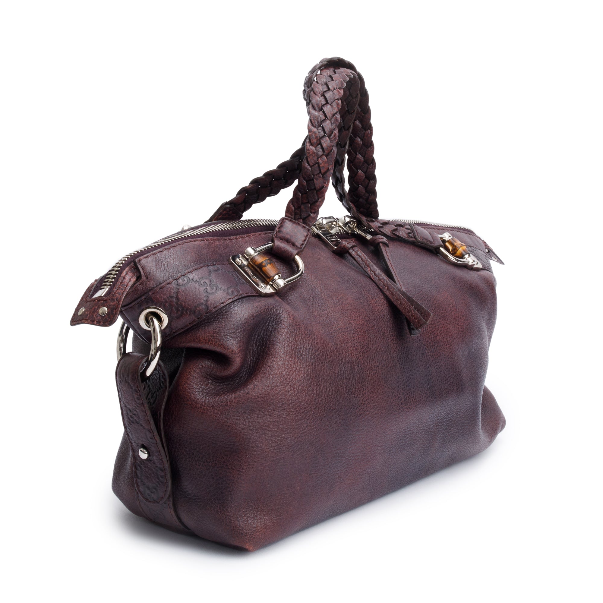 Gucci Burgundy Pebbled Calfskin Leather Medium Bamboo Bar Tote