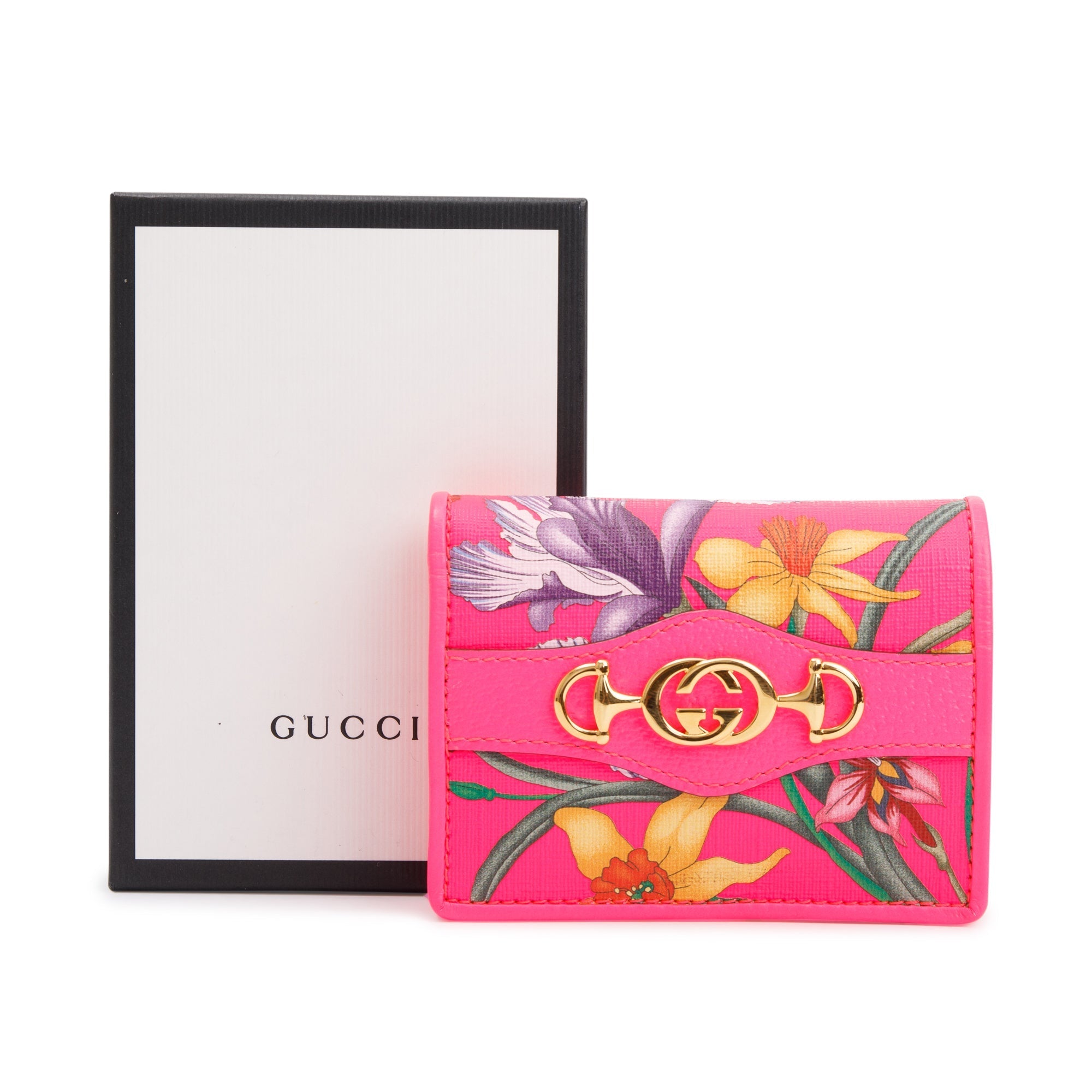 Gucci Calfskin Fuxia Fluo Flora Print Zumi Card Case w/ Box