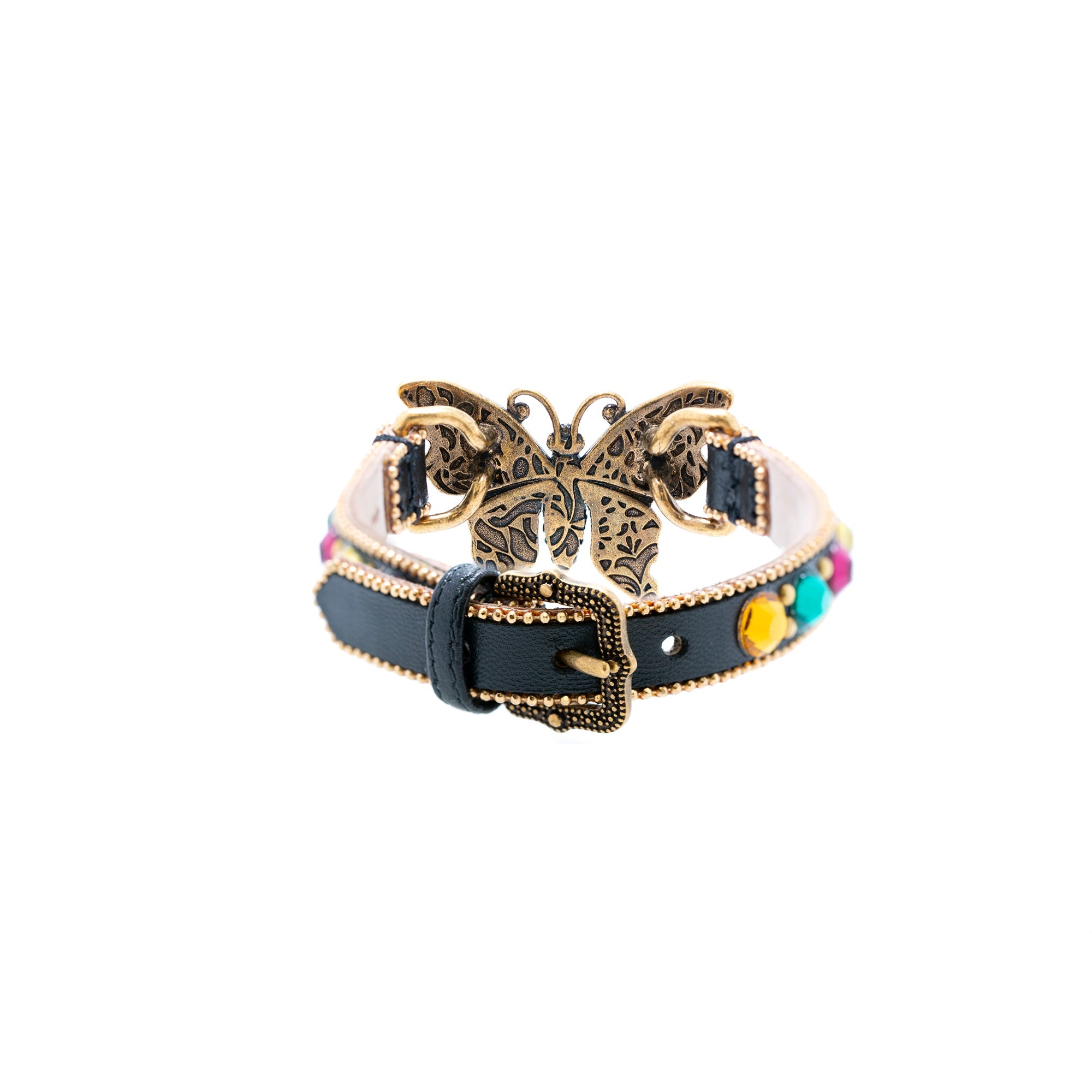 Gucci Crystal Studded Butterfly Wrap Leather Bracelet