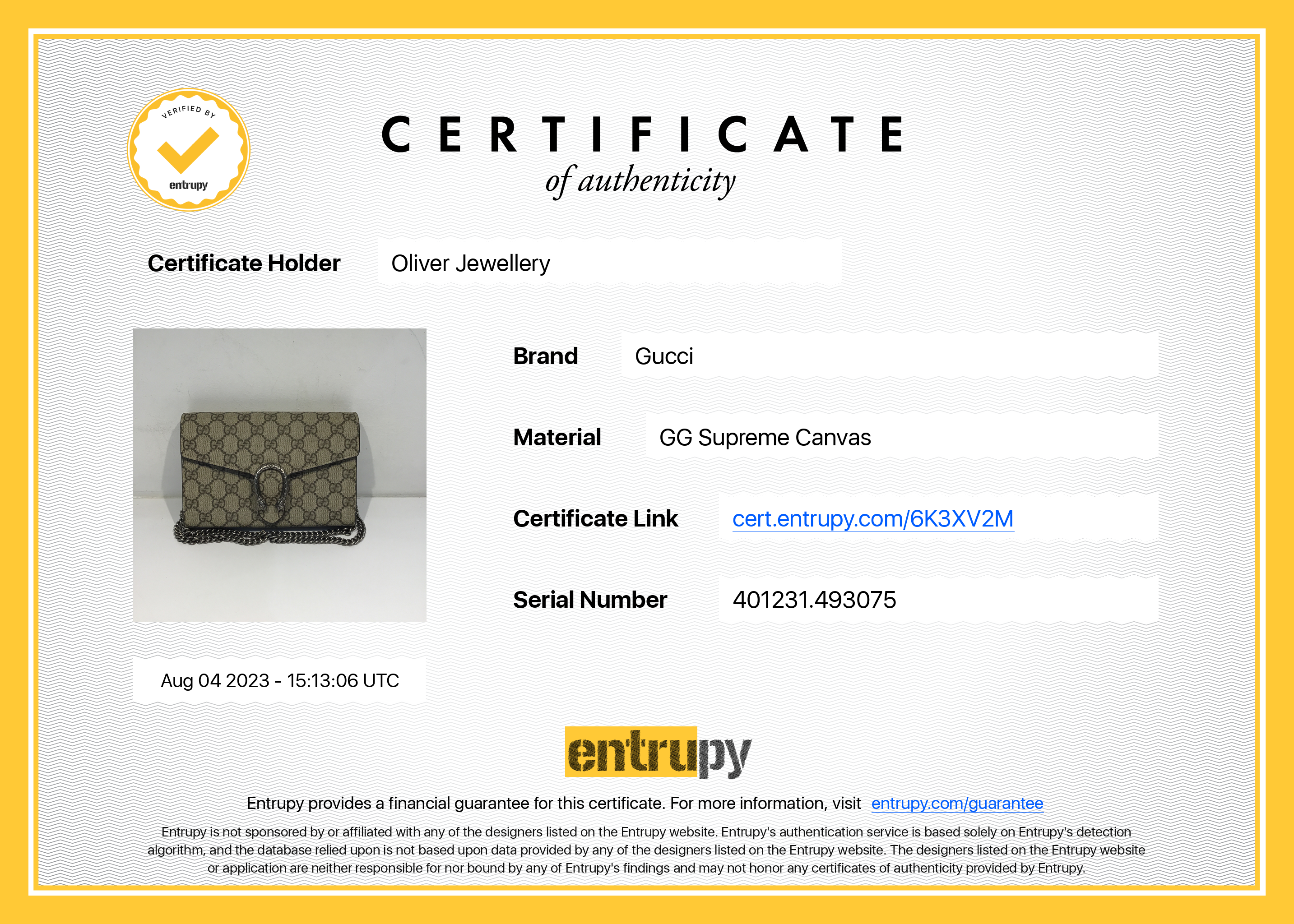 Gucci Dionysus GG Supreme Wallet on Chain w/ Box