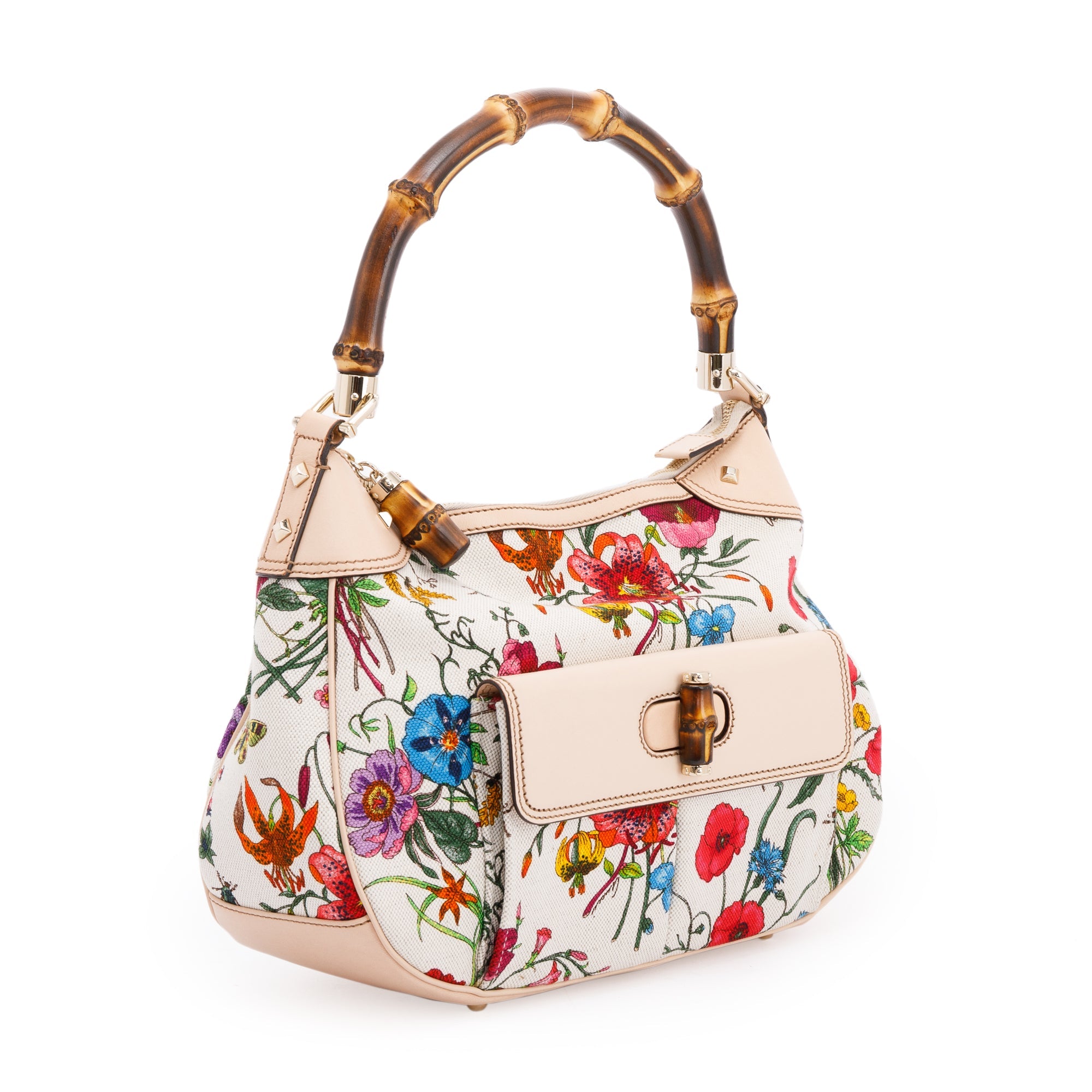 Gucci Floral Canvas Nailhead Bamboo Hobo Bag