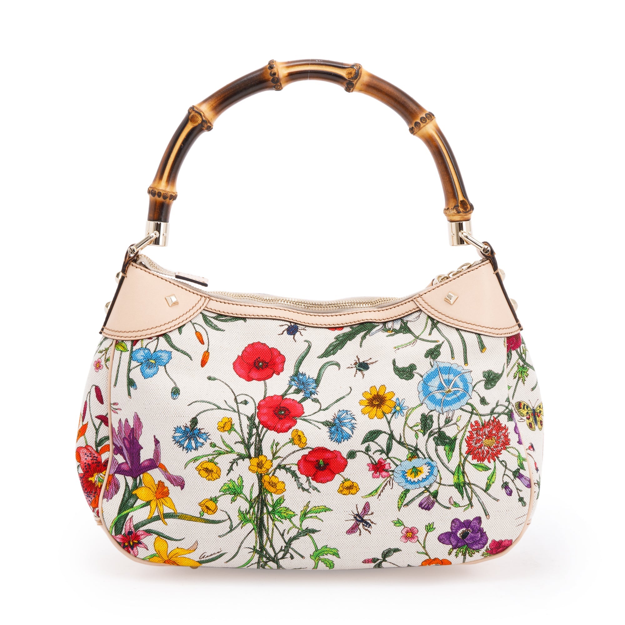Gucci Floral Canvas Nailhead Bamboo Hobo Bag